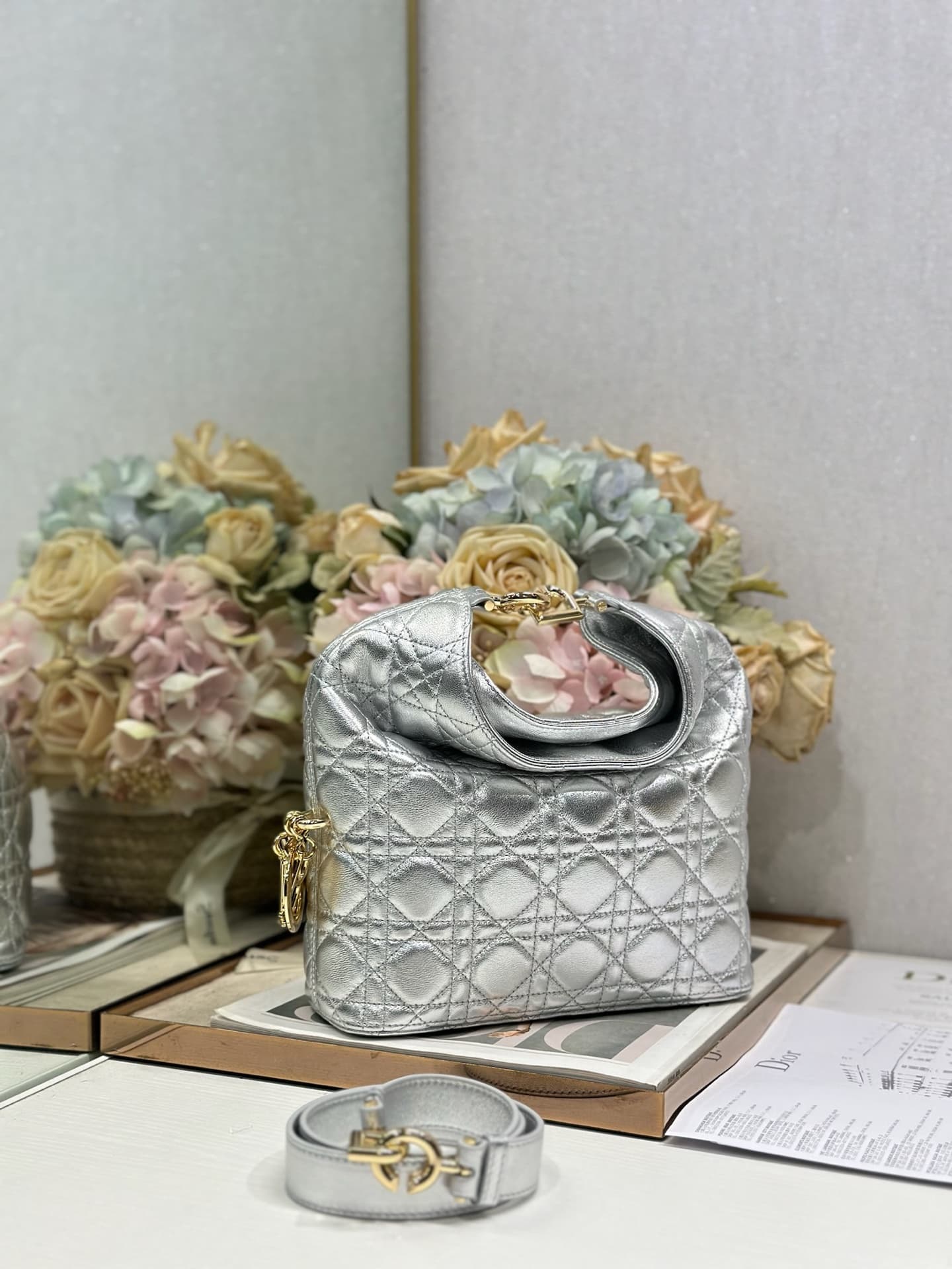 Dior Metallic Cannage Calfskin Handbag Silver High