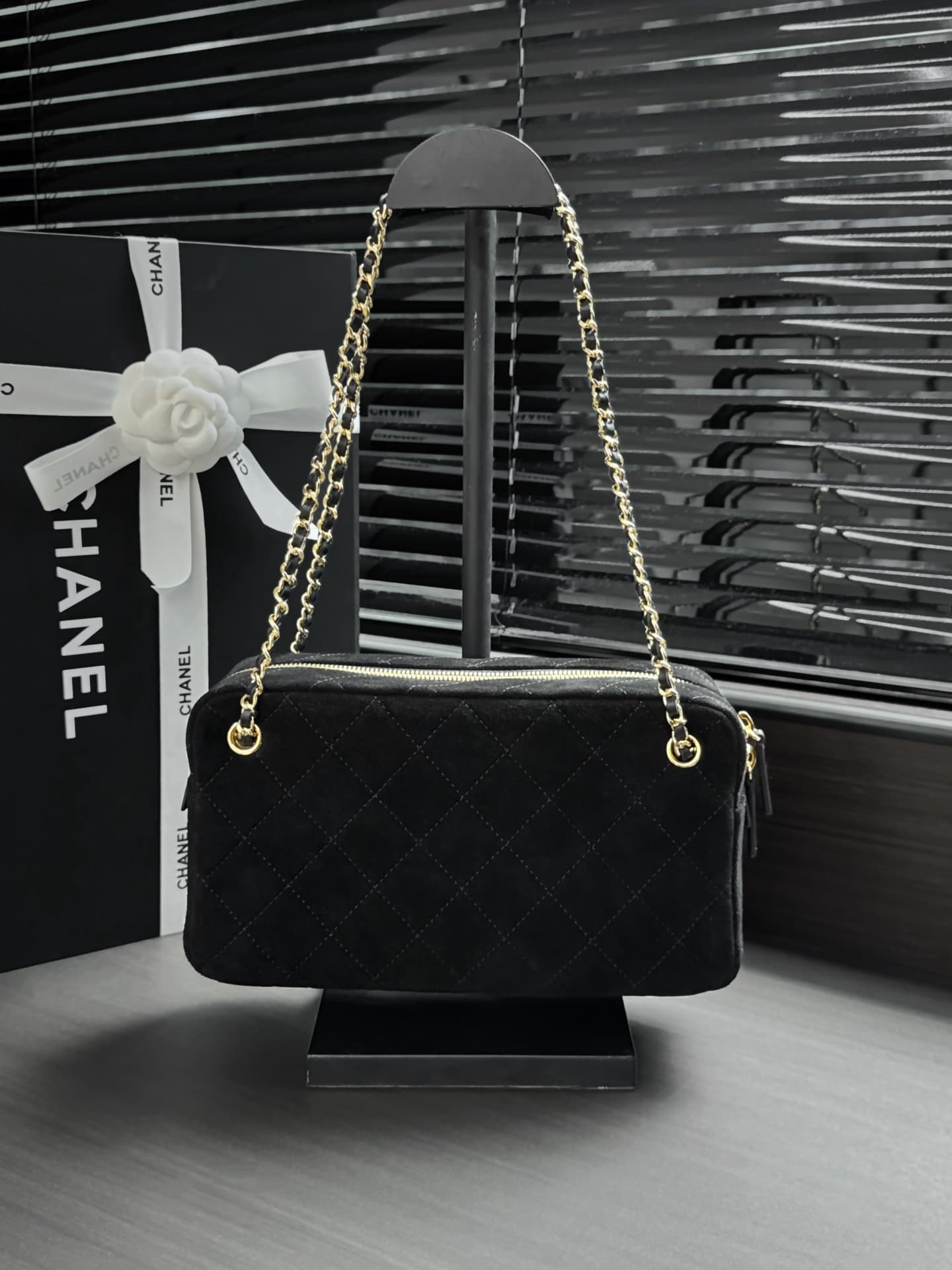 Chanel Maxi Camera Case Suede Calfskin & Gold Metal Black AS6443 A