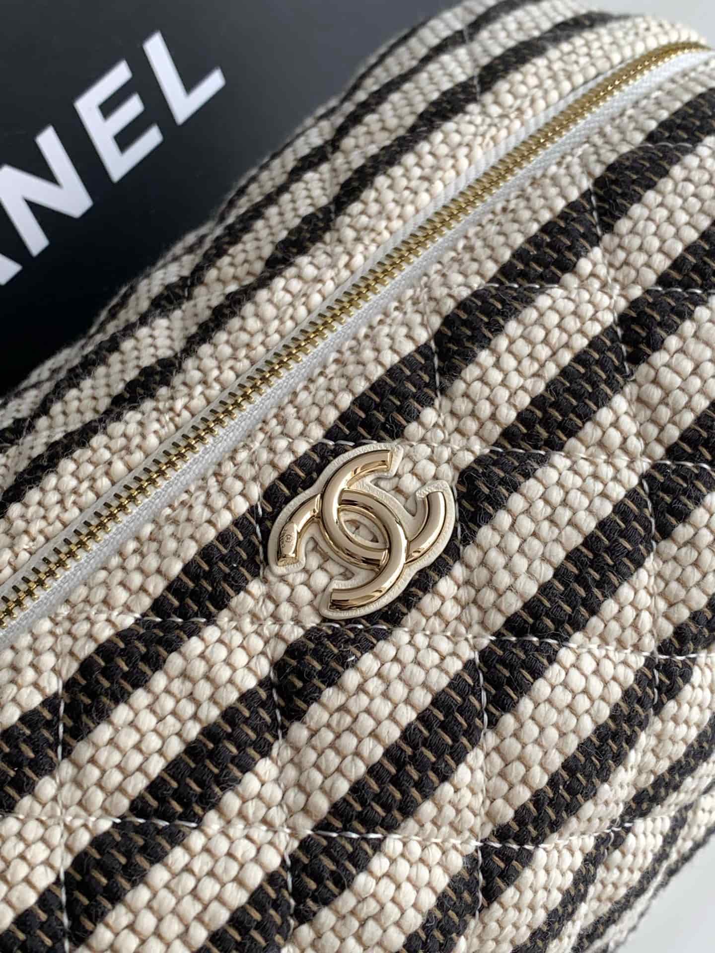 CHANEL Stripe Cosmetic Pouch Bag Printed fabric & Gold-Tone Metal Beige & Light Black AP4990 A