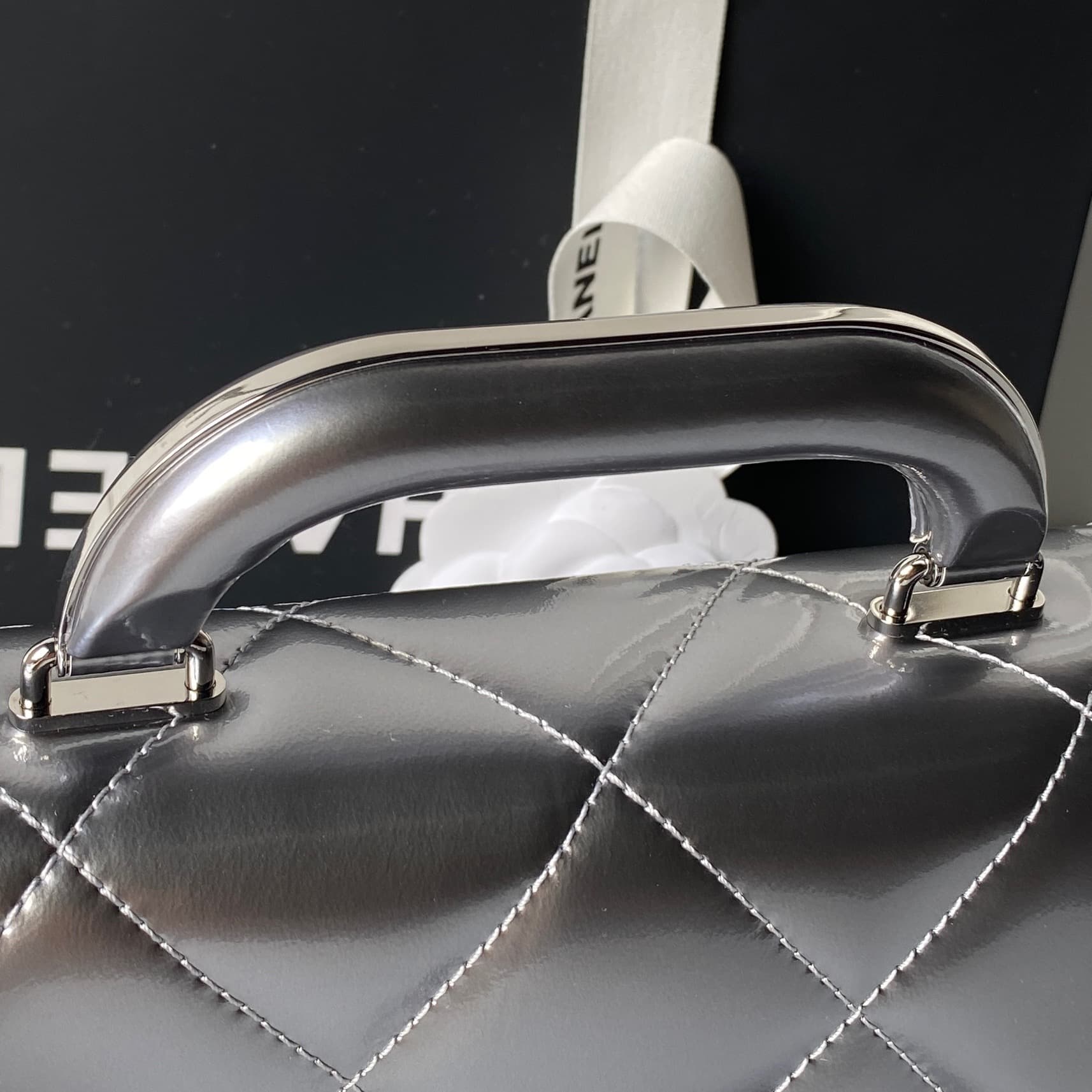 Chanel Mini Flap Bag with Top Handle Calfskin& Silver-tone Metal Silver AS5805 A