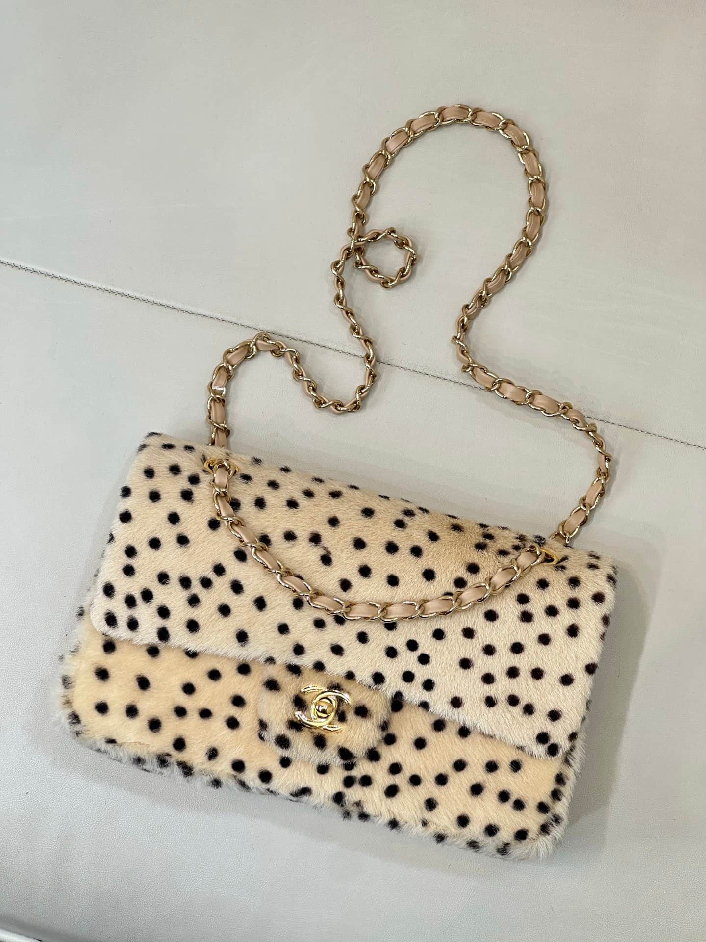 Chanel Flap Bag Dotted Leopard Pony Hair & Gold-Tone Metal Beige AS6513 TOP