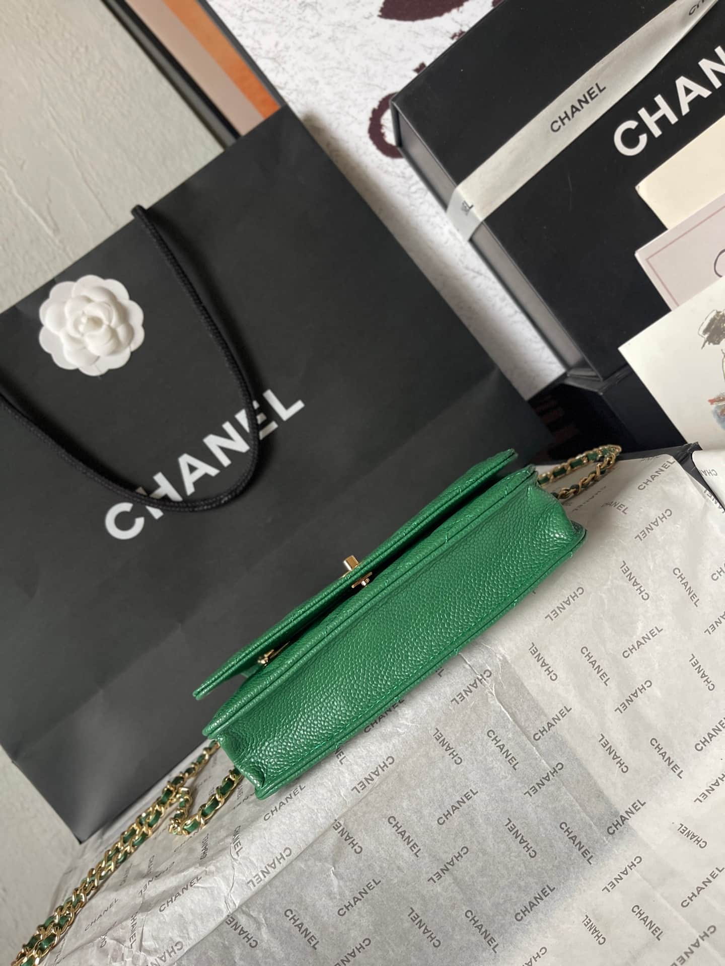 Chanel Classic Wallet on Chain Grained Shiny Calfskin & Gold-Tone Metal AP4241 Green A