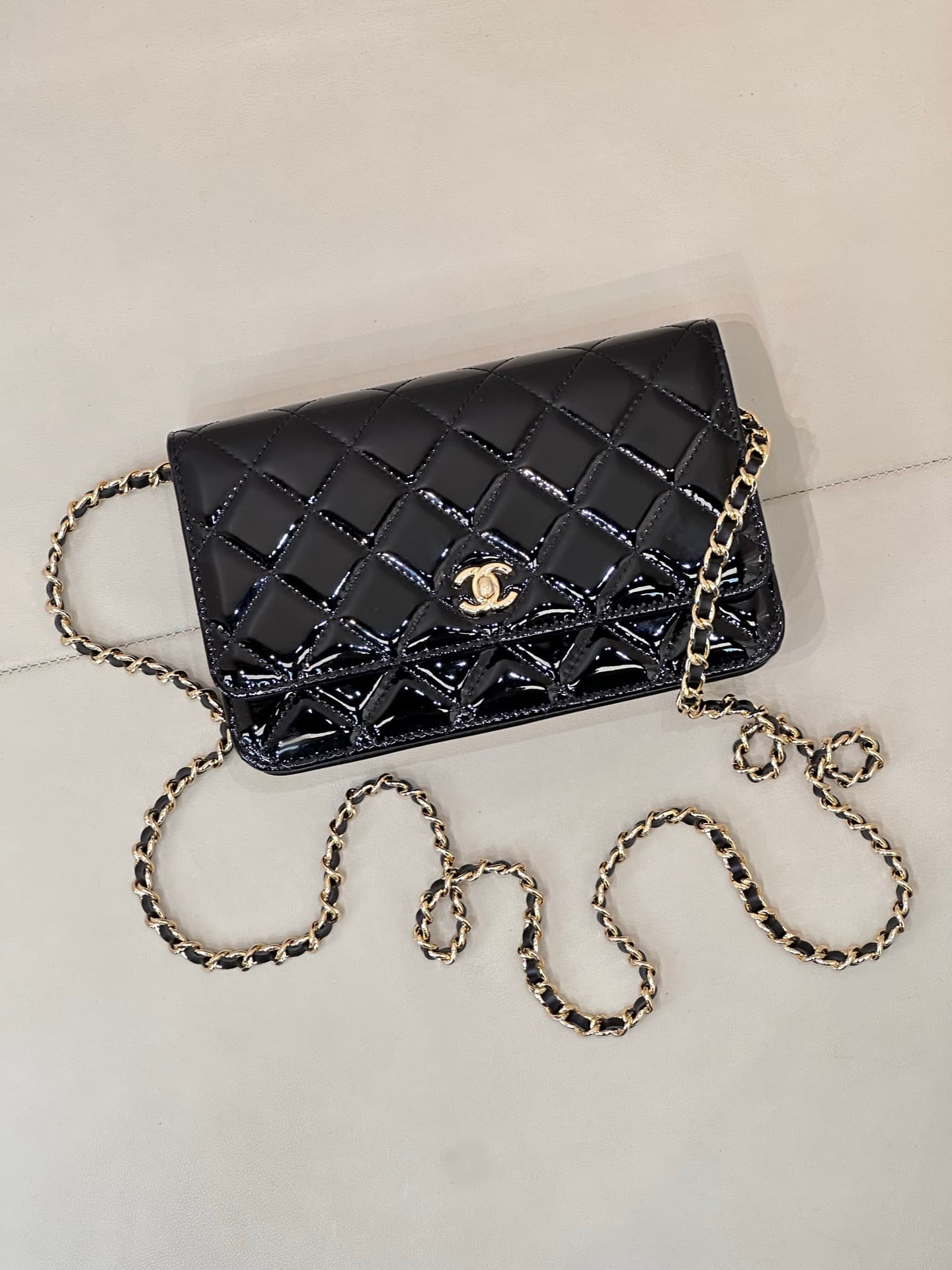 Chanel Classic Wallet on Chain Patent Quilted & Gold-Tone Metal AP4241 BLACK TOP