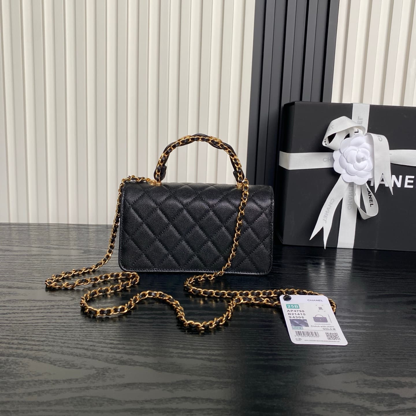 Chanel Mini Flap Bag with Top Handle Grained Shiny Calfskin & Gold-Tone Metal Black AP4798 A