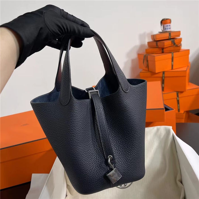 Hermes Picotin Lock 18/22 Bag Togo Leather In Blue Nuit-Silver WAX High