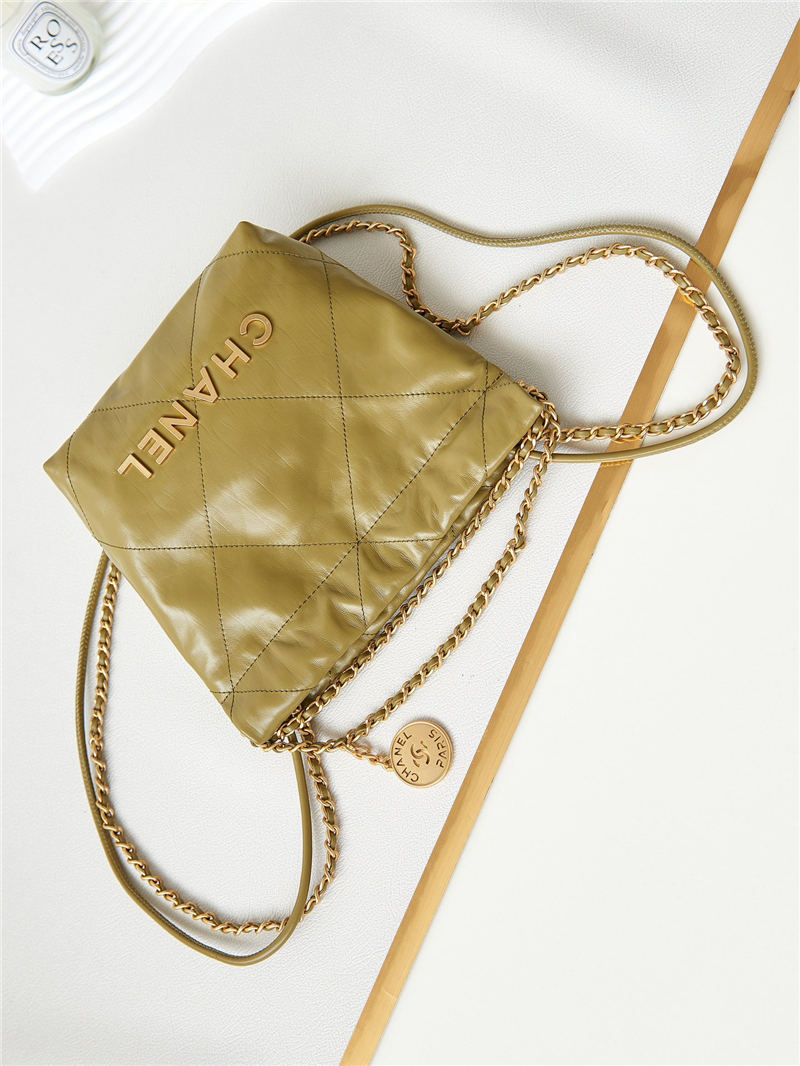 Chanel 22 MINI HANDBAG Shiny Calfskin Mustard-Wrinkle & Gold-Tone Metal AS3980 A