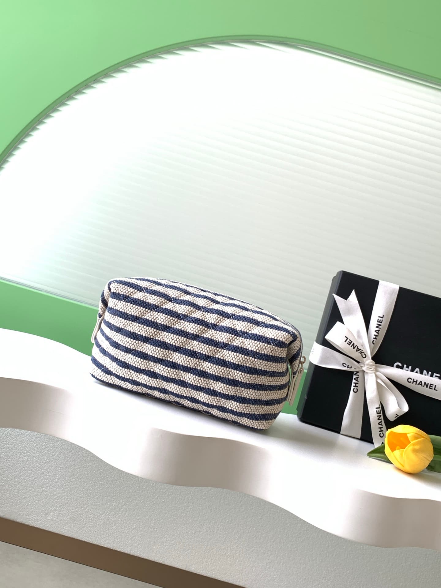 CHANEL Stripe Cosmetic Pouch Bag Printed fabric & Gold-Tone Metal Beige & Light Blue AP4990 A