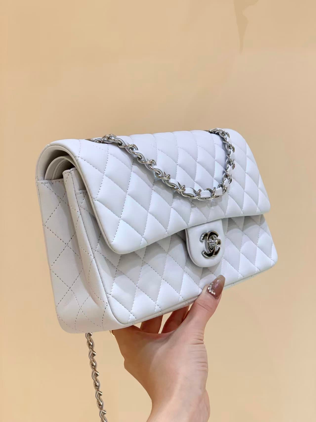 Chanel Medium CLASSIC HANDBAG Lambskin Silver-Tone Metal White TOP