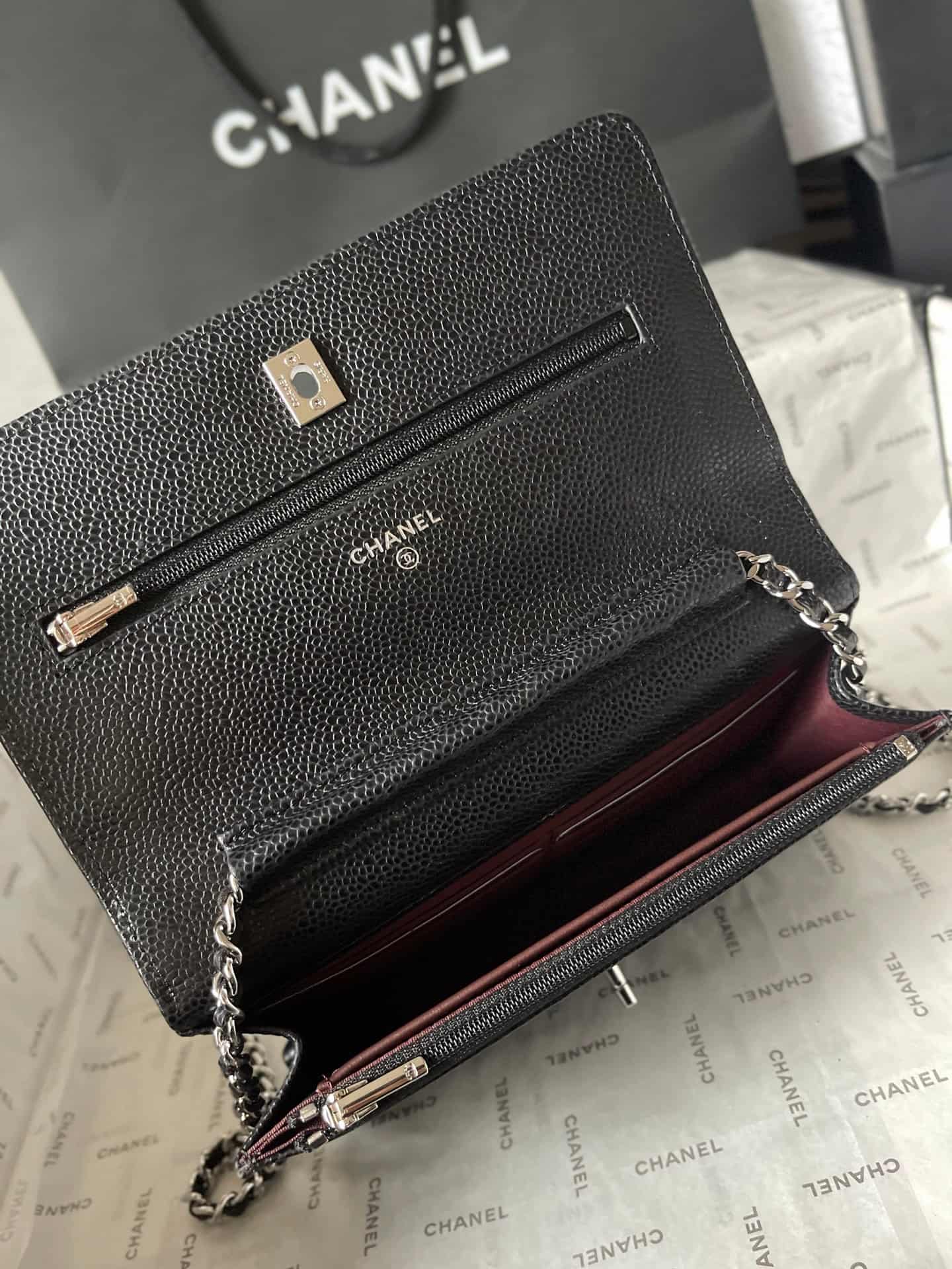 Chanel Classic Wallet on Chain Grained Shiny Calfskin & Silver-Tone Metal AP4241 Black A