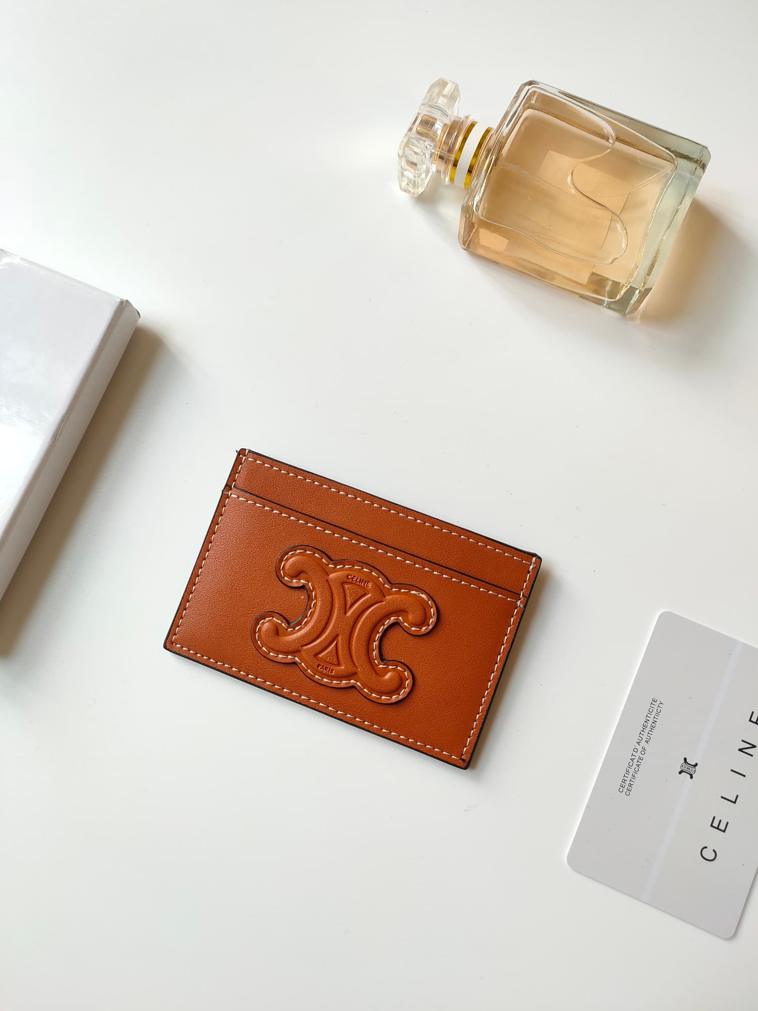 Celine Triomphe card holder in brown shiny calfskin leather 10B703 High