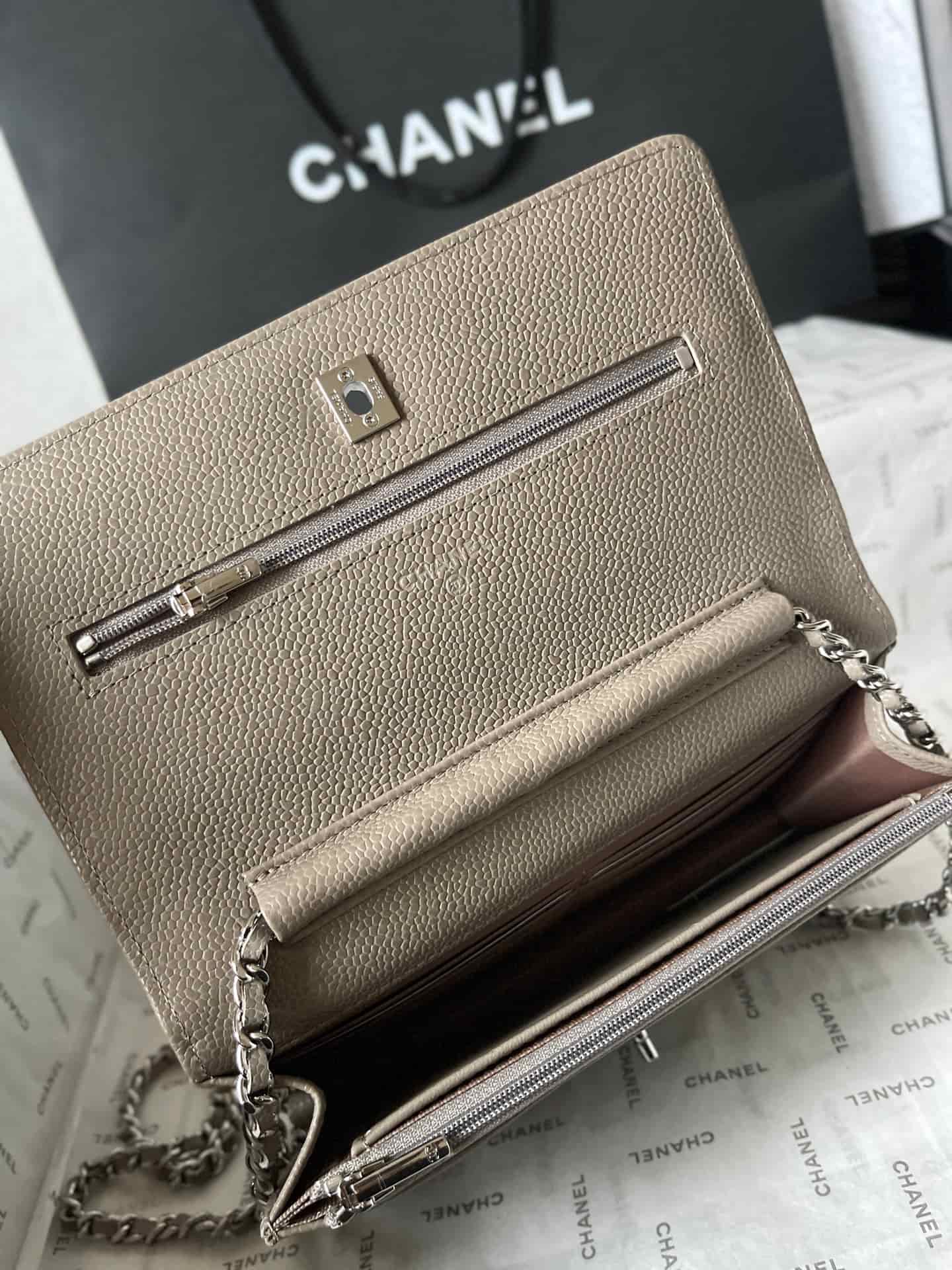 Chanel Classic Wallet on Chain Grained Shiny Calfskin & Silver-Tone Metal AP4241 Grey A
