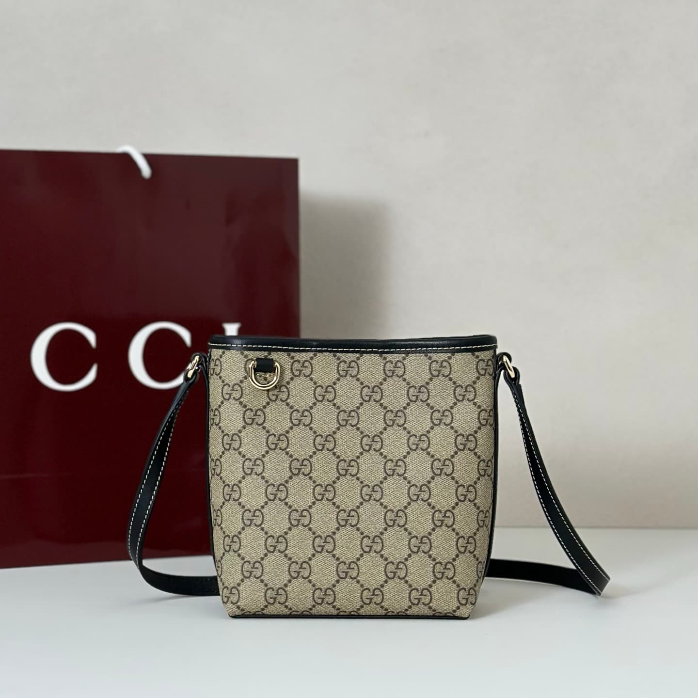 Gucci GG Emblem nano bucket bag 847090 beige and dark brown fabric High