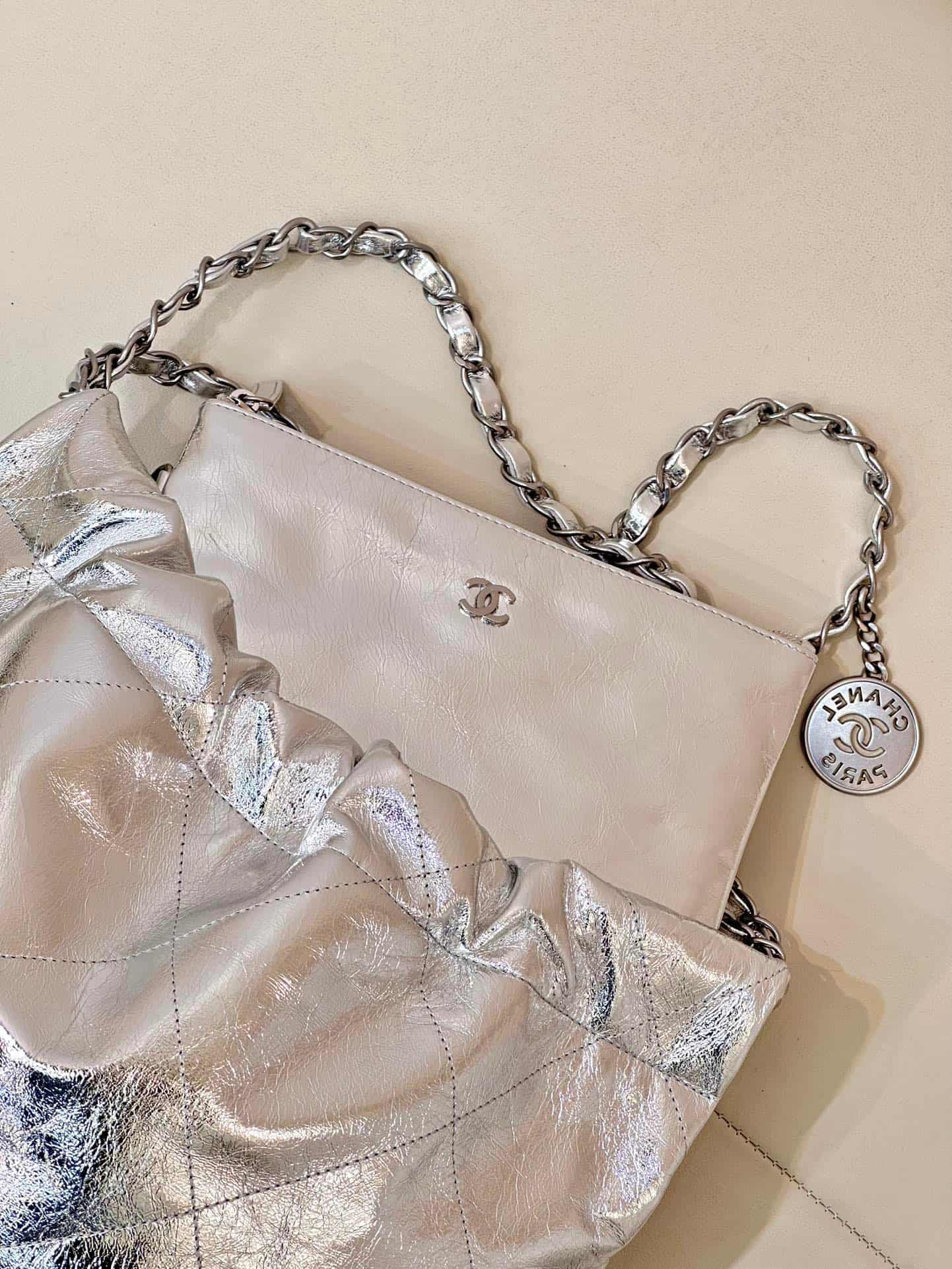 Chanel 22 Small handbag Metallic Calfskin & silver-tone metal AS3260 silver TOP