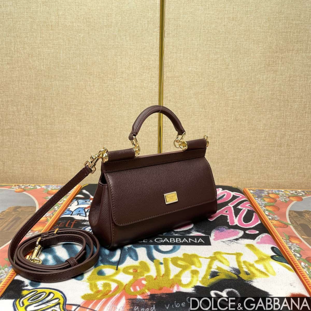 Dolce & Gabbana Miss Sicily top handle bag calfskin leather Chocolate high
