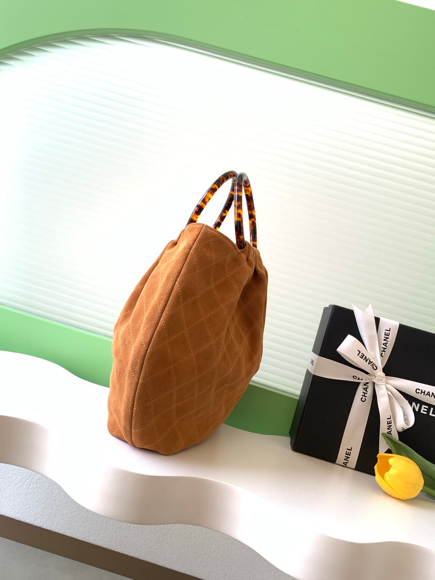 Chanel Medium Hobo Bag Suede Calfskin Turtoise-Shell Effect Plexi & Gold-Tone Metal Camel AS6010 High