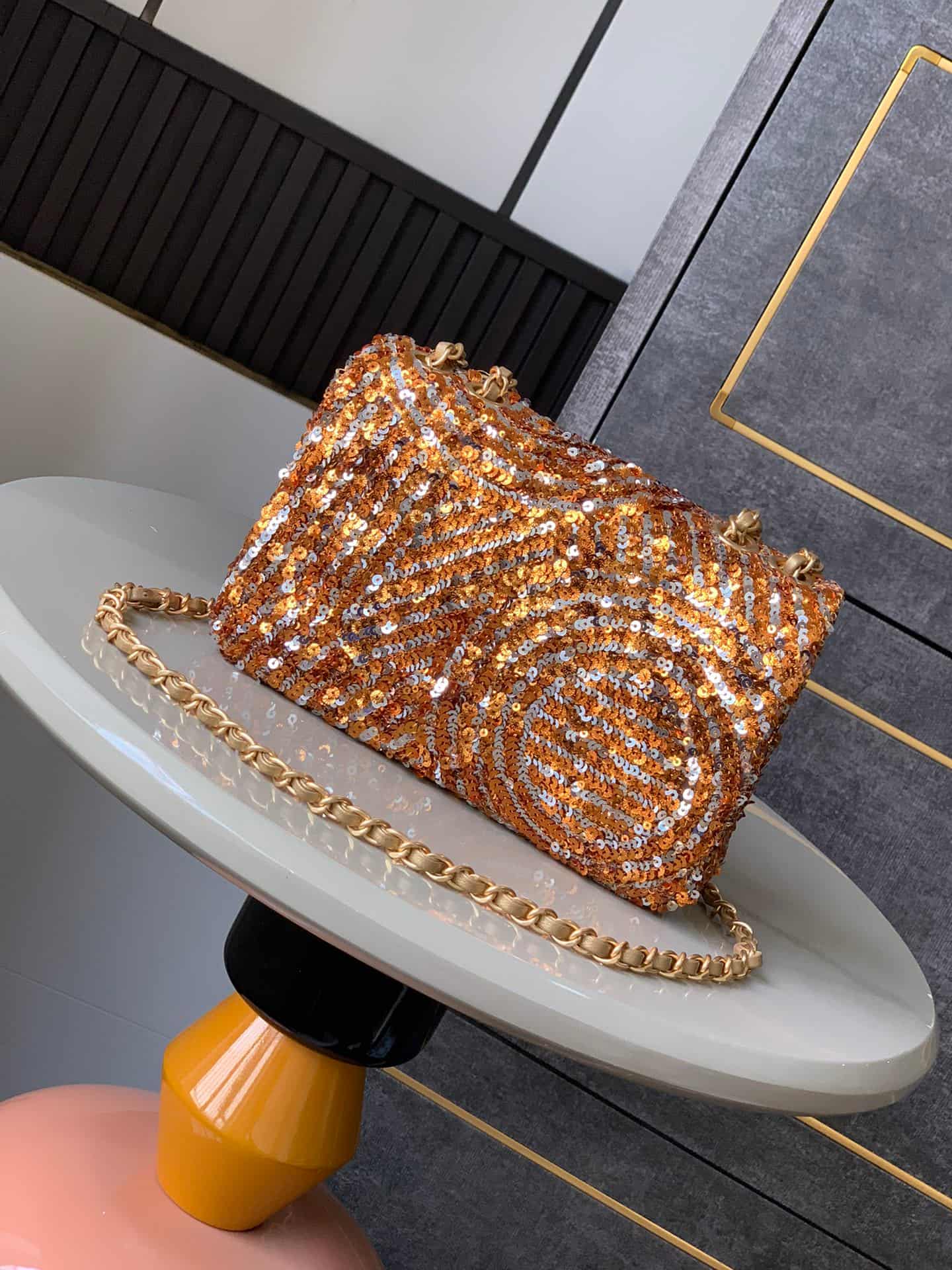 Chanel Classic Mini Flap Bag Sequins Embroidery & Gold-Tone Metal Gold 6171 A