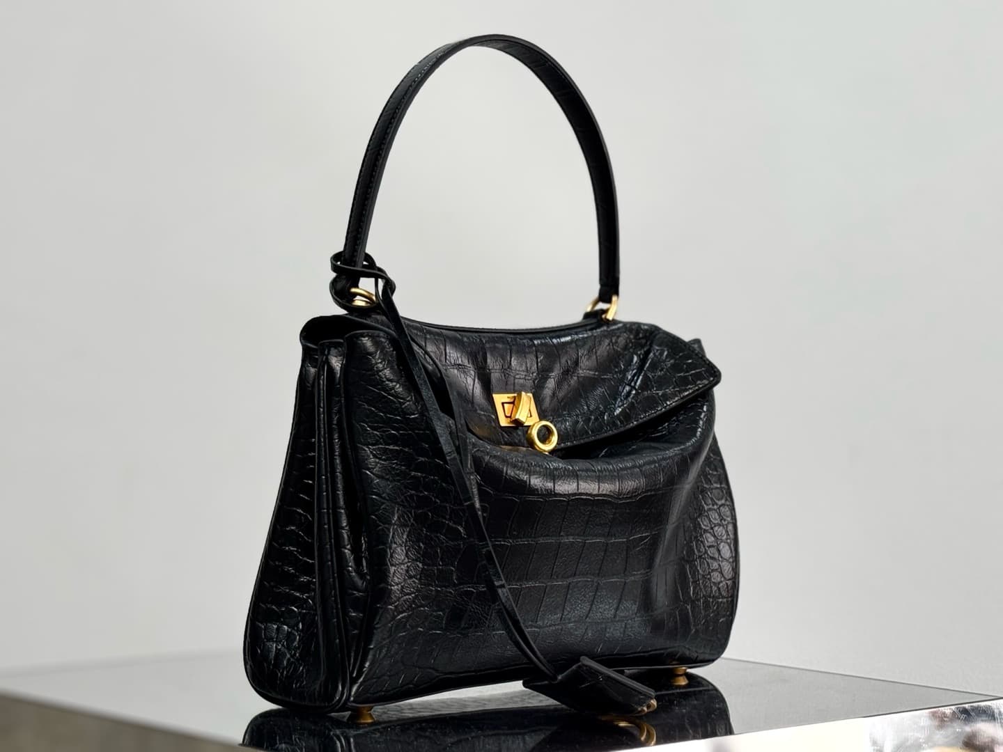 Balenciaga Rodeo Small Bag in Black Crocodile Embossed Calfskin With Gold-Tone Metal TOP