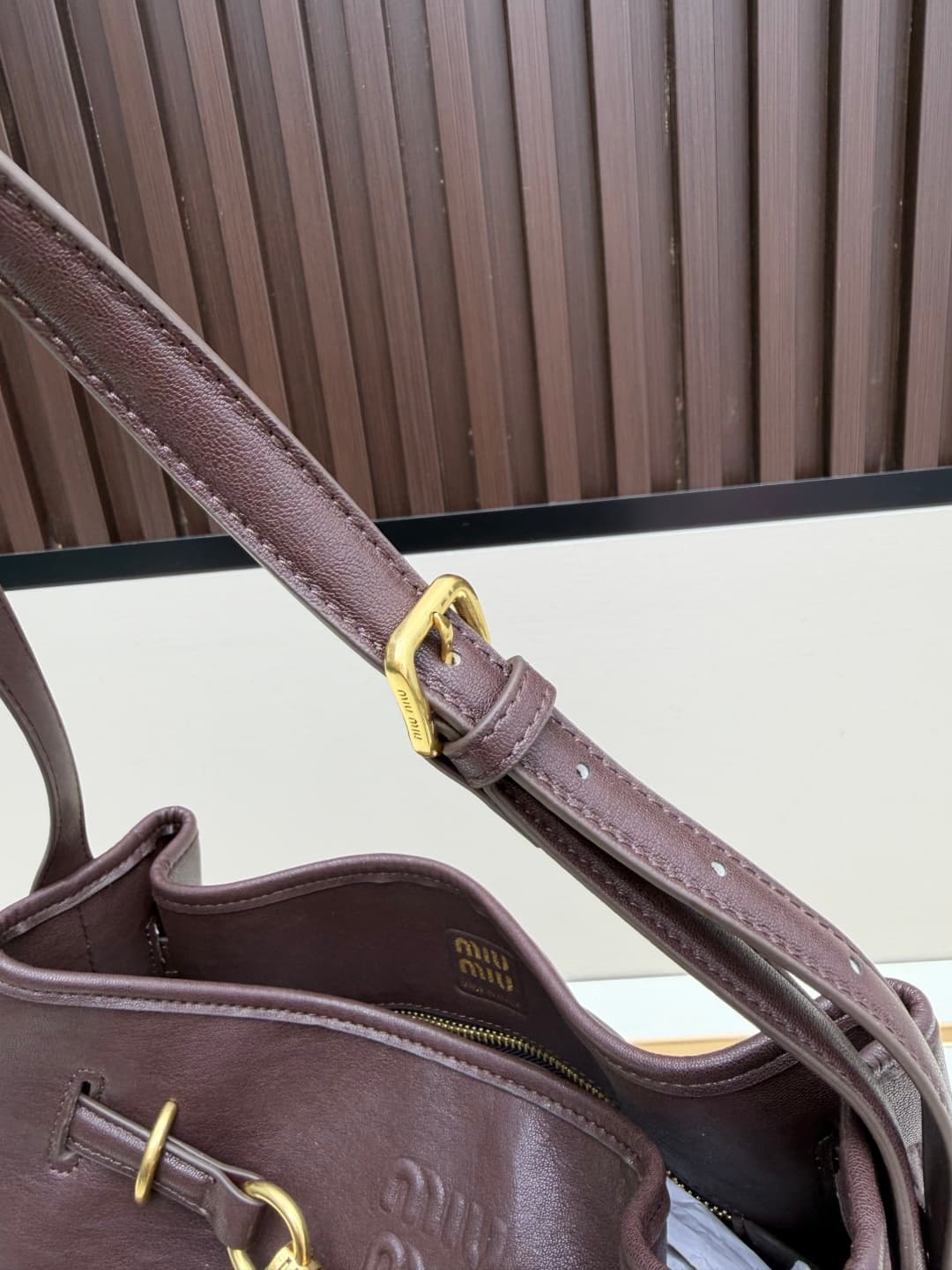 Miu Miu Aventure Calfskin Leather Bucket Bag Dark Brown High