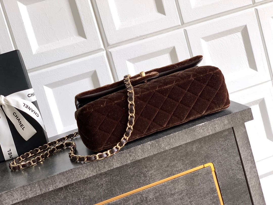 Chanel Medium CLASSIC HANDBAG Velvet  & Gold-Tone Metal Coffee A