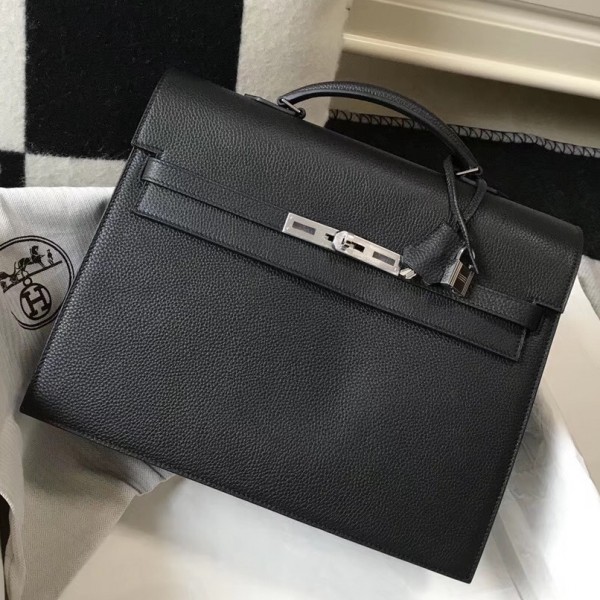 Hermes Kelly Depeche 34 Briefcase In Black Calfskin WAX High