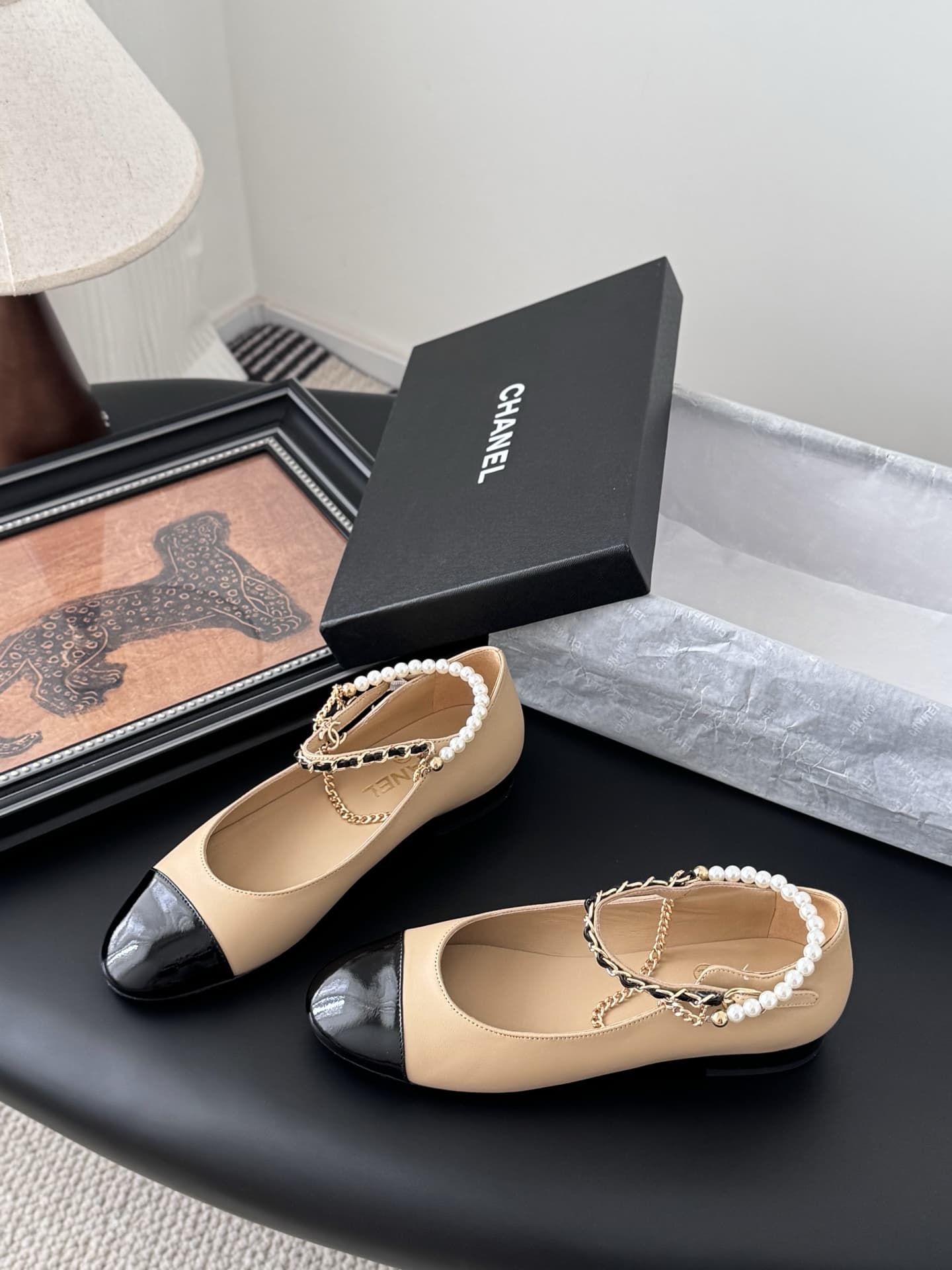 Chanel Lambskin Cap Toe Ankle Chain Ballerina Flats Shoes Women