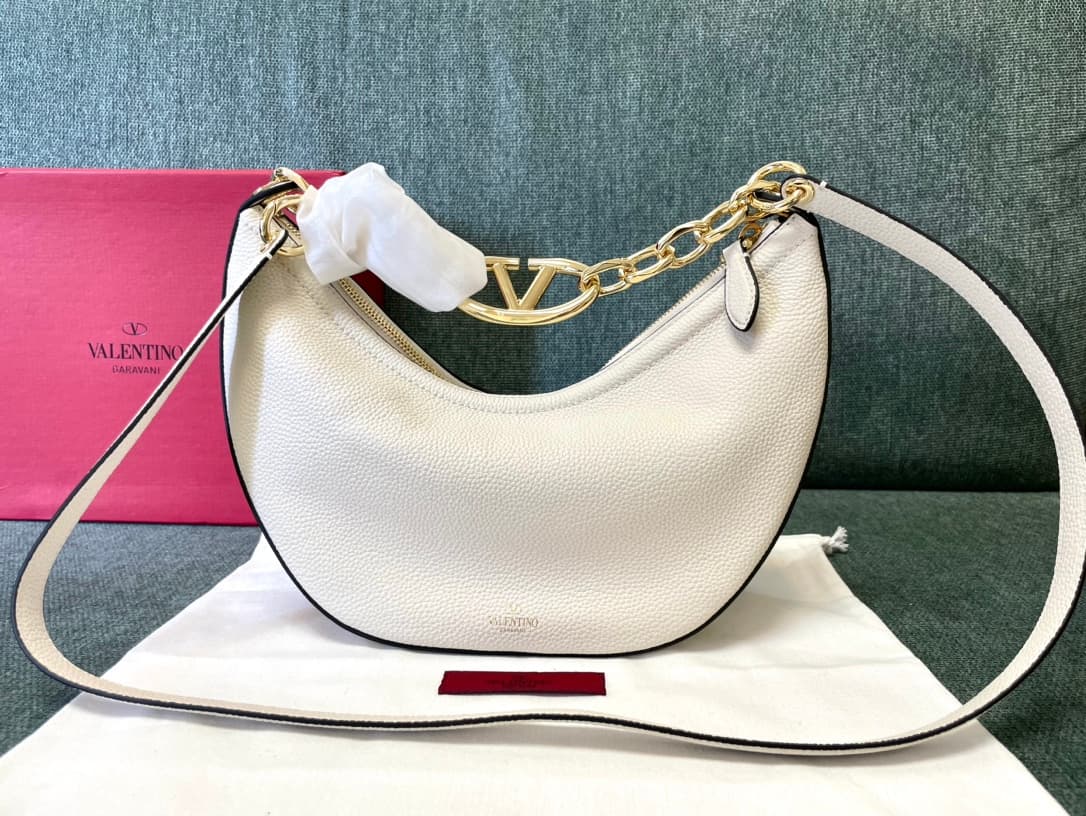 Valentino Garavani VLogo Moon small hobo bag in White grained calfskin High