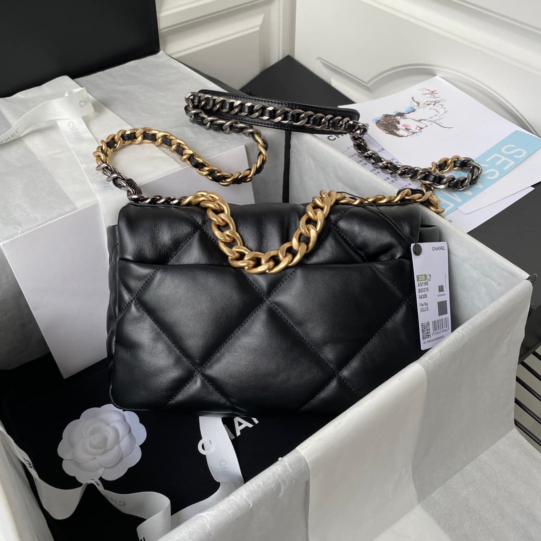 Chanel 19 Flap Bag  Lambskin Gold-Tone Silver-Tone & Ruthenium-Finish Metal Black
