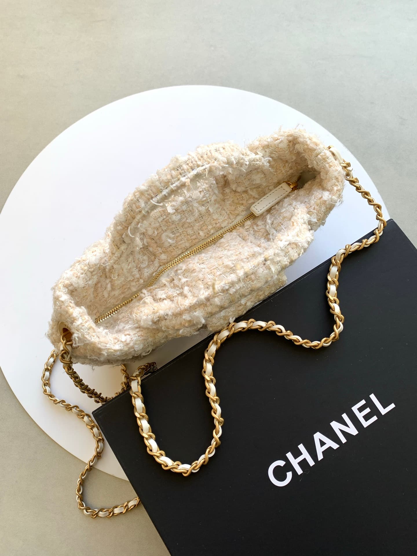 Chanel Mini Bow Bag Tweed & Gold-Tone Metal Beige AS5849 A