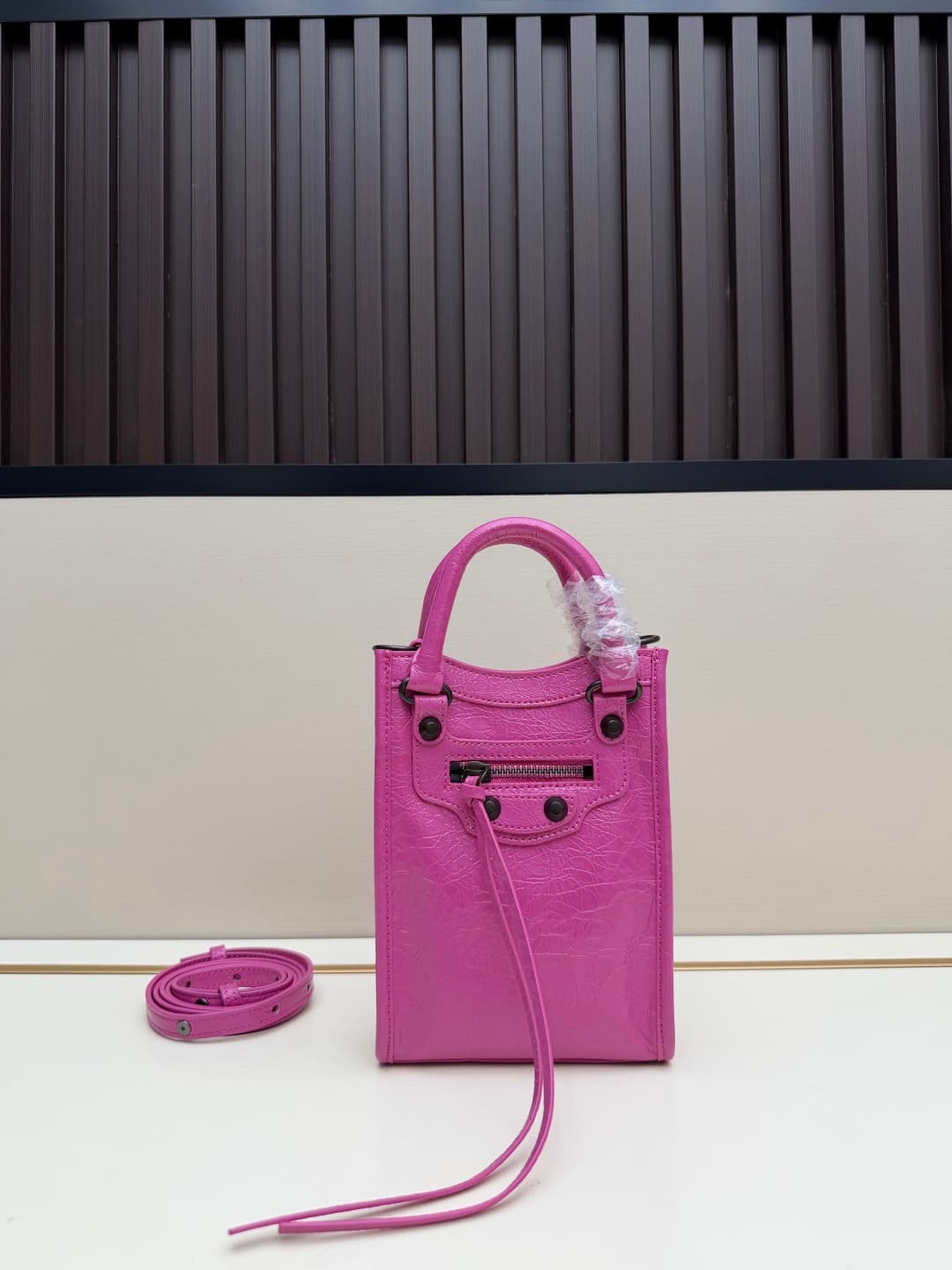 Balenciaga Le City Leather Tote Phone Holder Vibrant Pink High