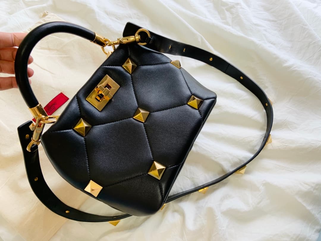 Valentino Garavani Roman Stud leather top handle bag black high