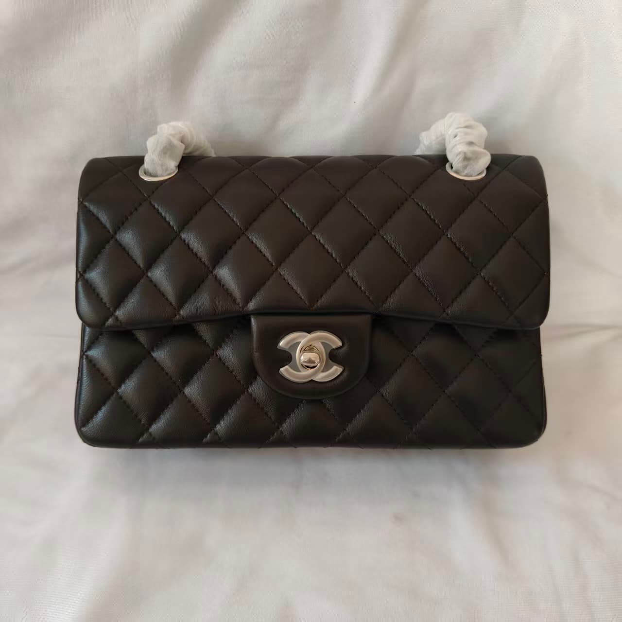Chanel Small CLASSIC HANDBAG Lambskin Silver Metal Deep Brown A