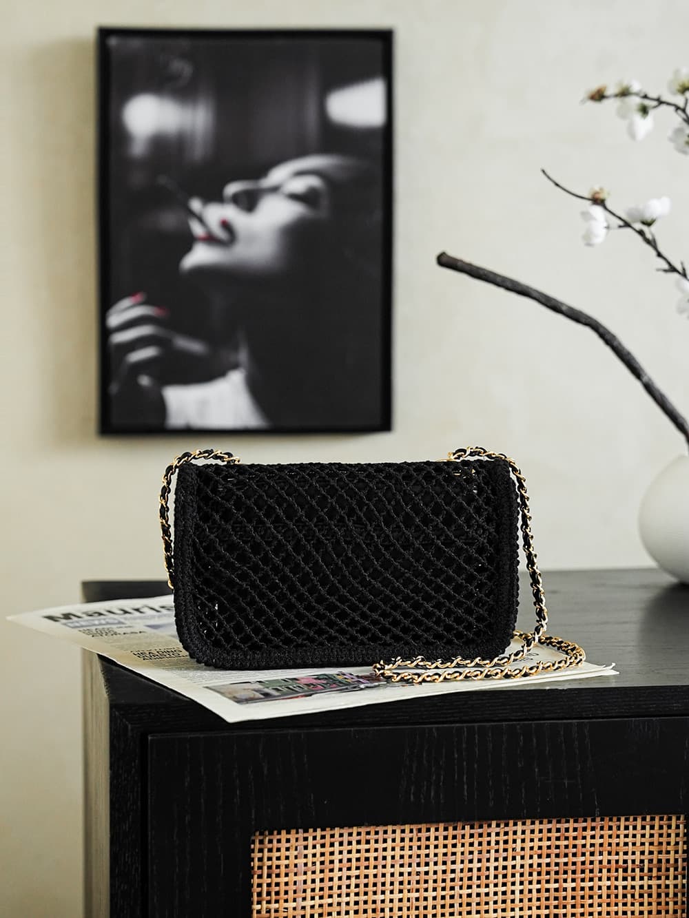 CHANEL Coco Beach Flap Bag Mesh, Strass & Gold-Tone Metal AS6156 Black A