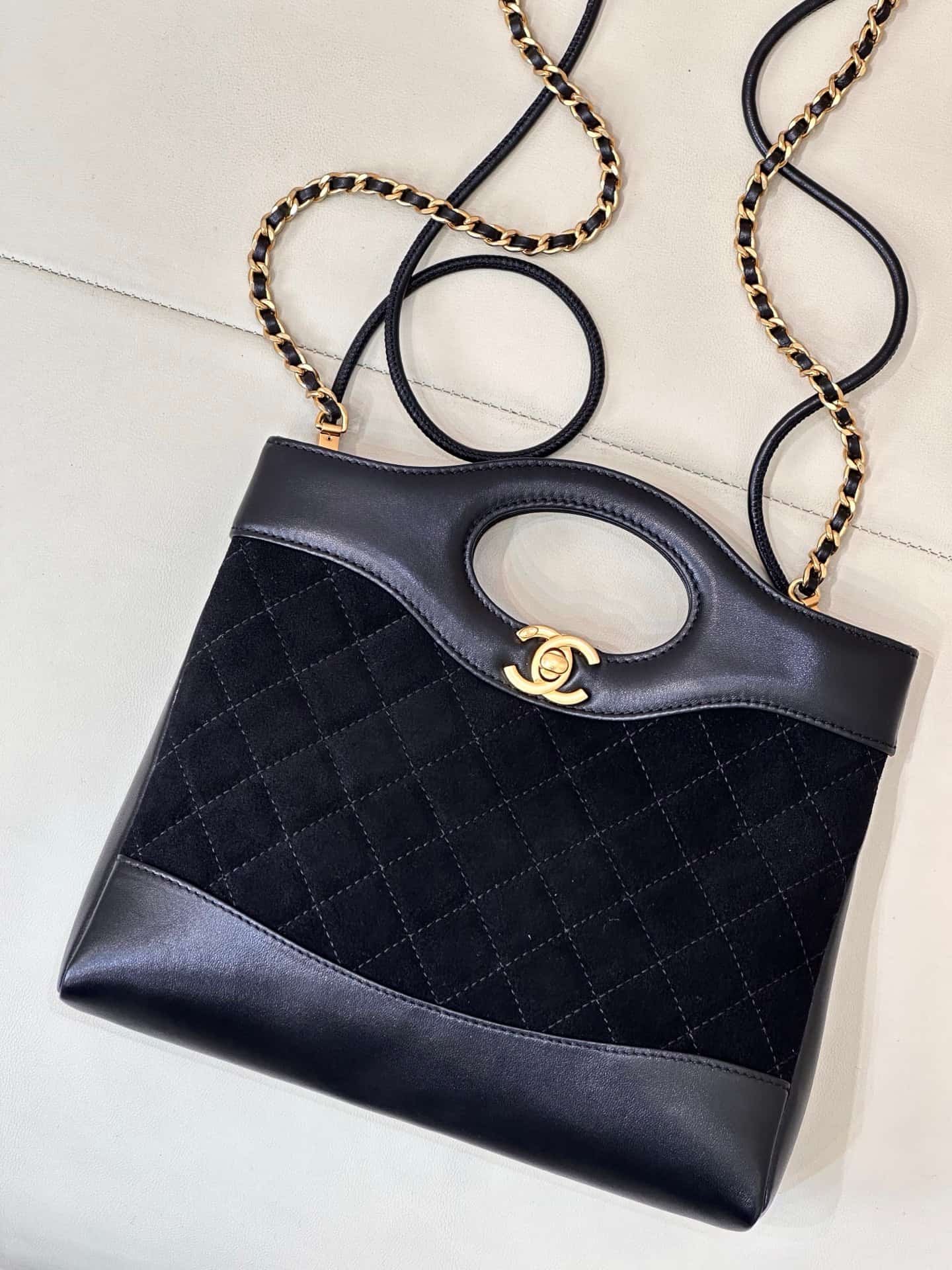 CHANEL 31 Mini Shopping Bag Shiny Lambskin & Suede Gold-Tone Metal AS4133 Black TOP