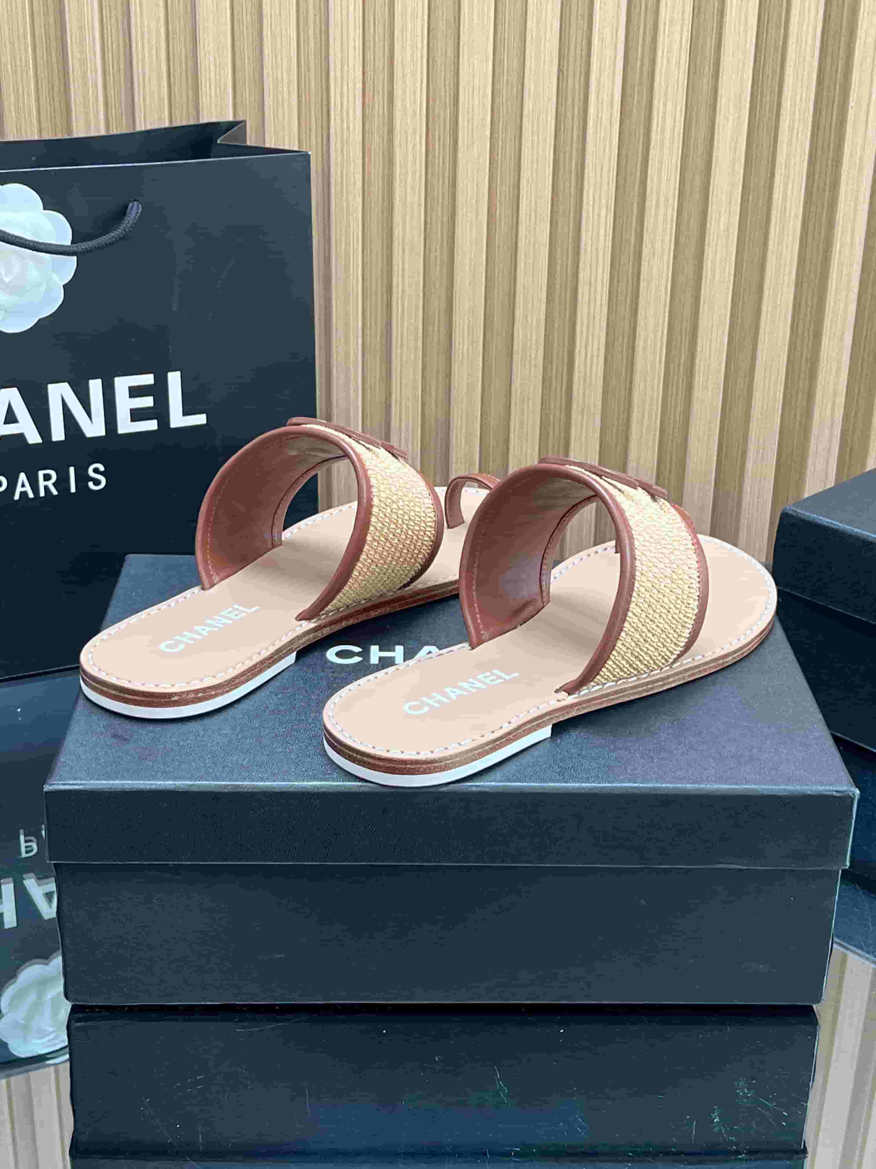 Chanel Raffia & lambskin Mules