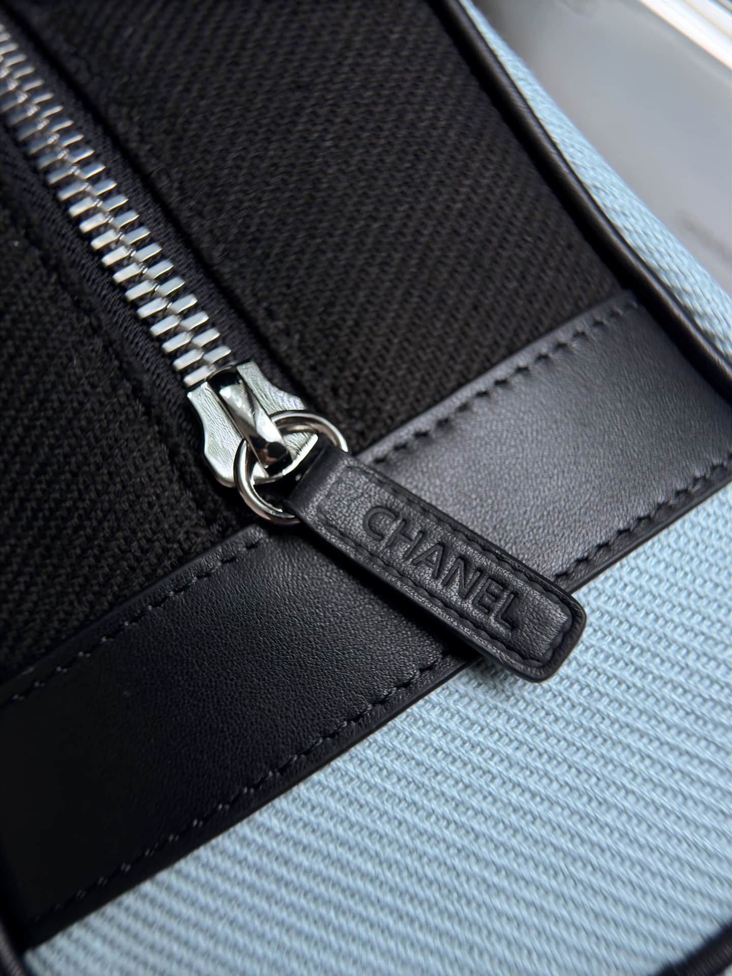 Chanel Large Zipped Pouch Canvas Calfskin & Silver-Tone Metal AP5267 Light Blue A