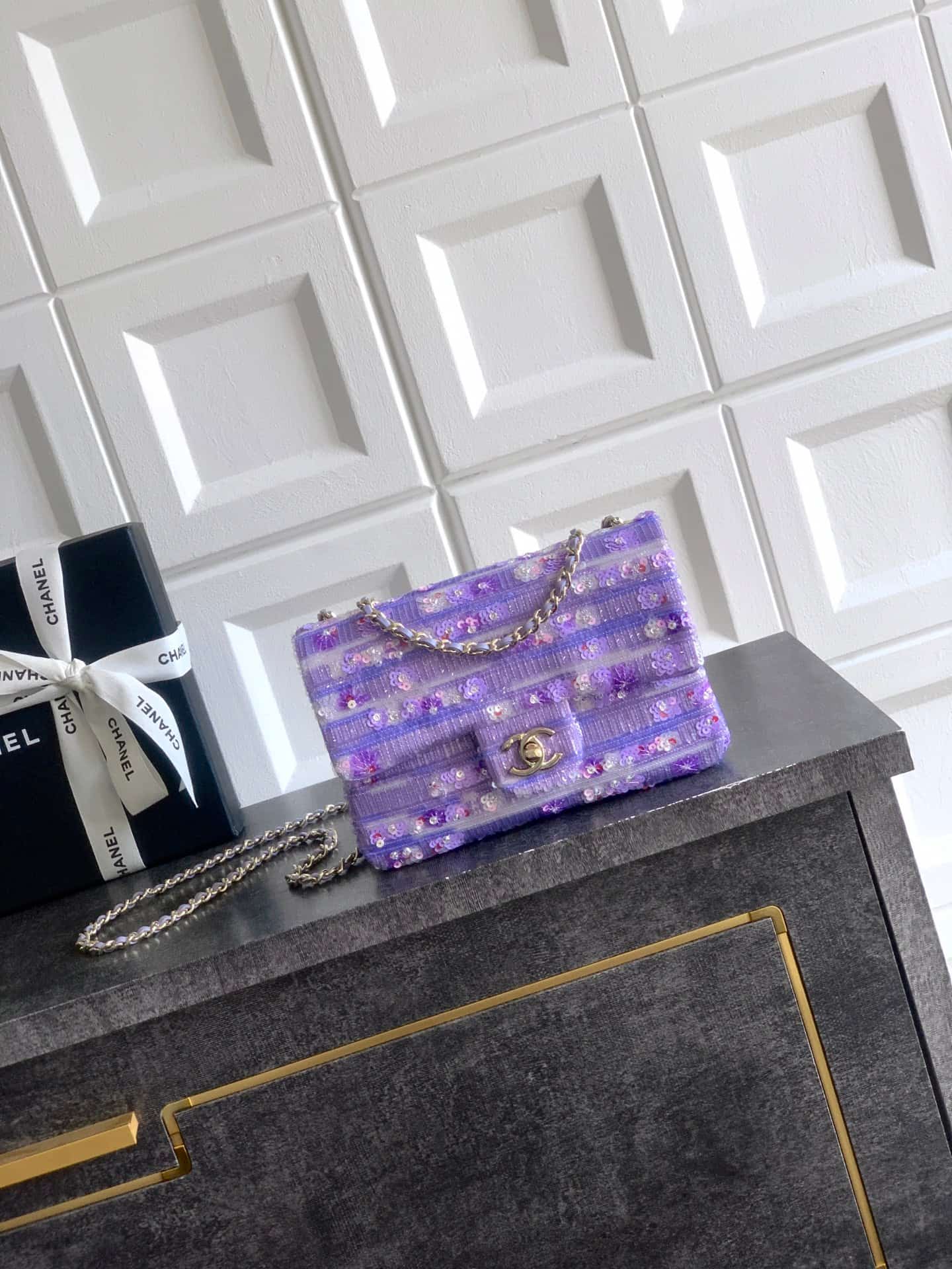 Chanel Classic Mini Flap Bag Sequin Embroidery & Gold-Tone Metal Purple 6171 A