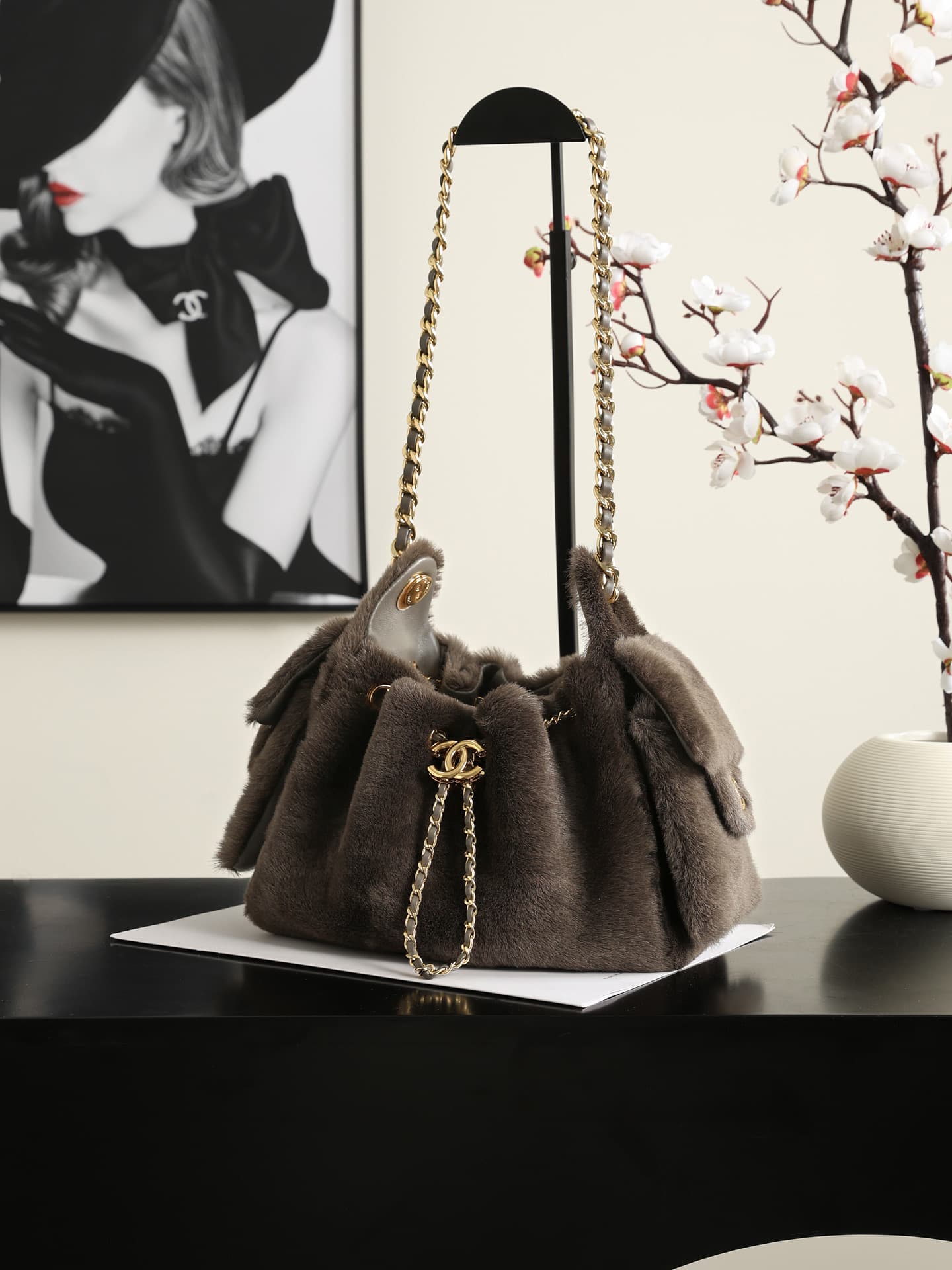 Chanel 25 Mini Hobo handbag AS5631 Pony Hair& Gold-Tone Metal Dark Khaki A
