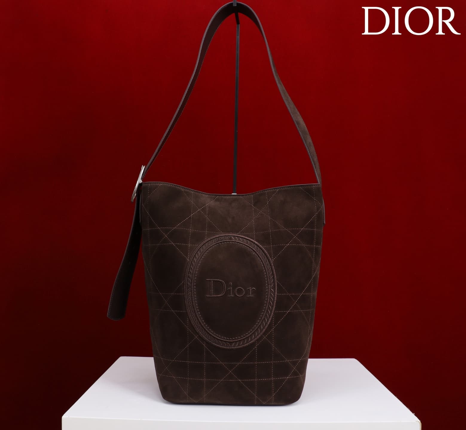 Dior Macrocannage Dark Brown Suede Leather Medium Bucket Bag High