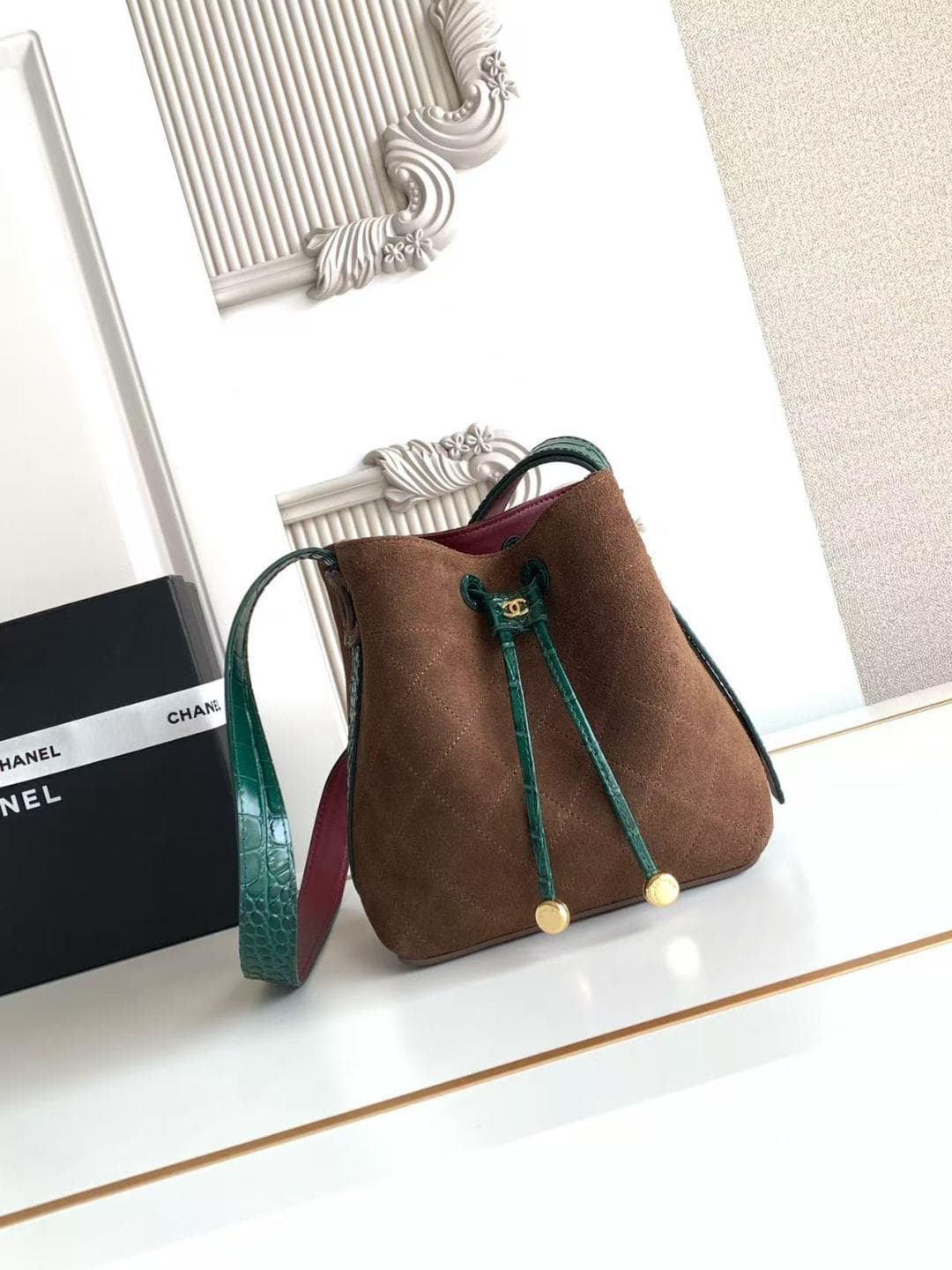 Chanel Small Bucket Bag Suede Calfskin & Gold-Tone Metal Coffee AS6537 A