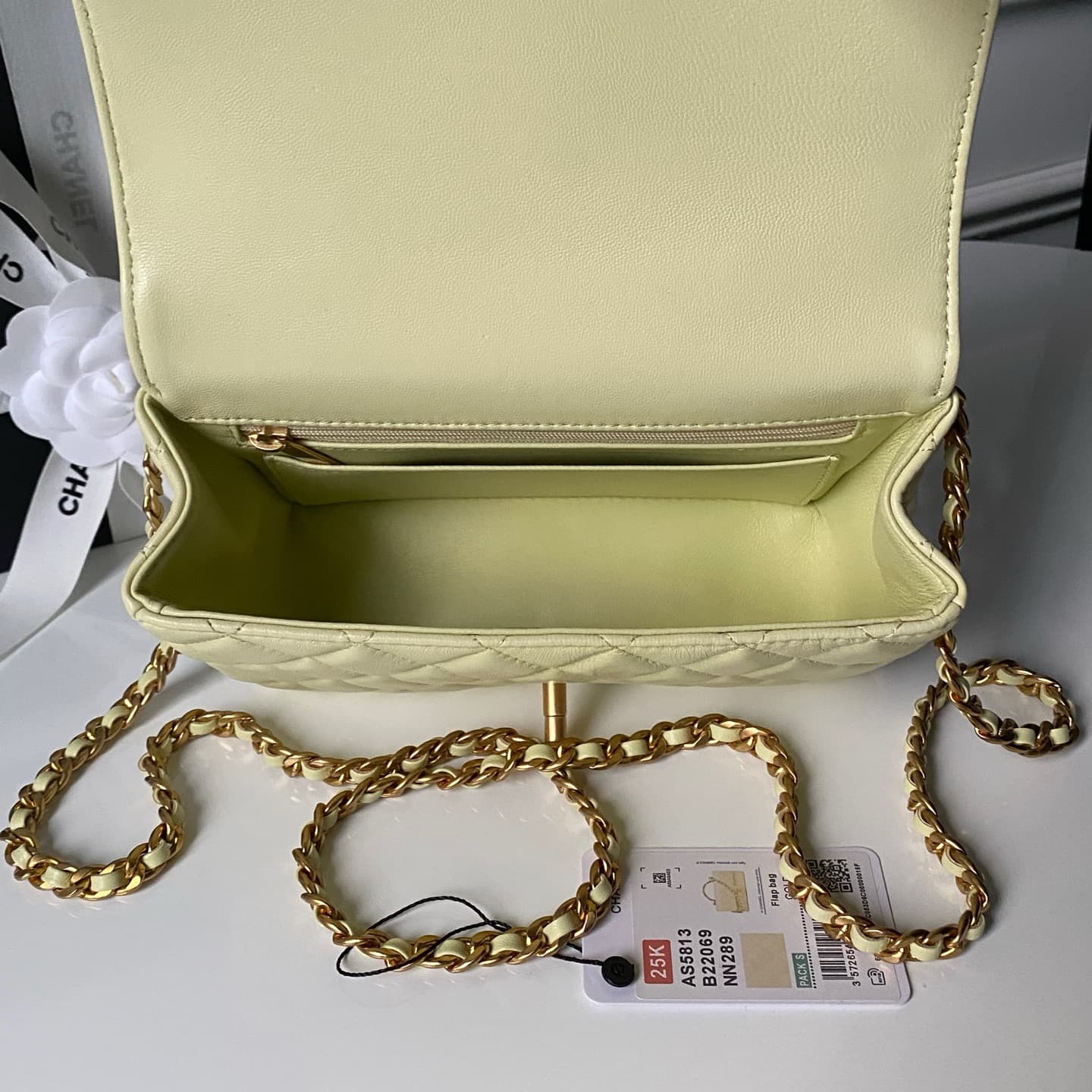 Chanel Mini Flap Bag with Top Handle Lambskin& Gold-tone Metal Light Yellow AS5814 A