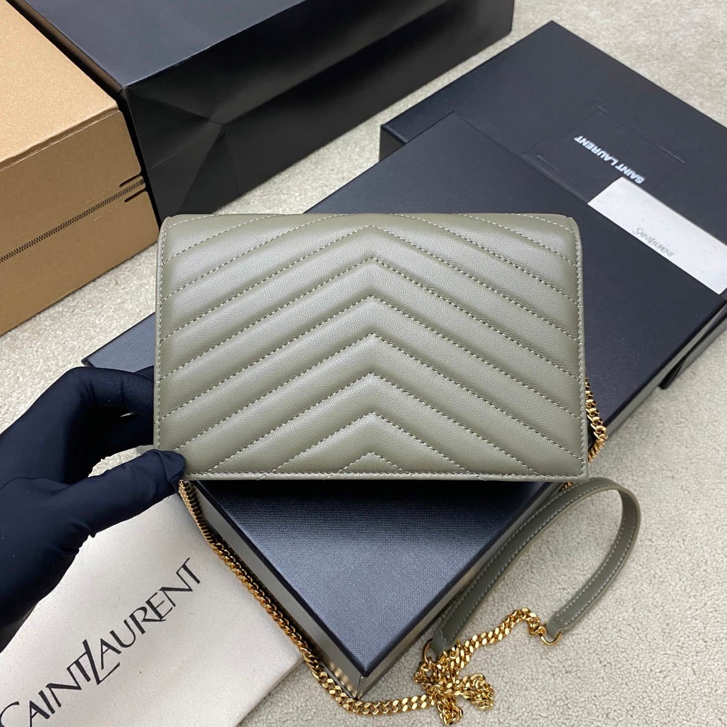Saint Laurent Monogram Matelassé Cassandre Wallet on Chain Moss Green Lambskin 393953 High