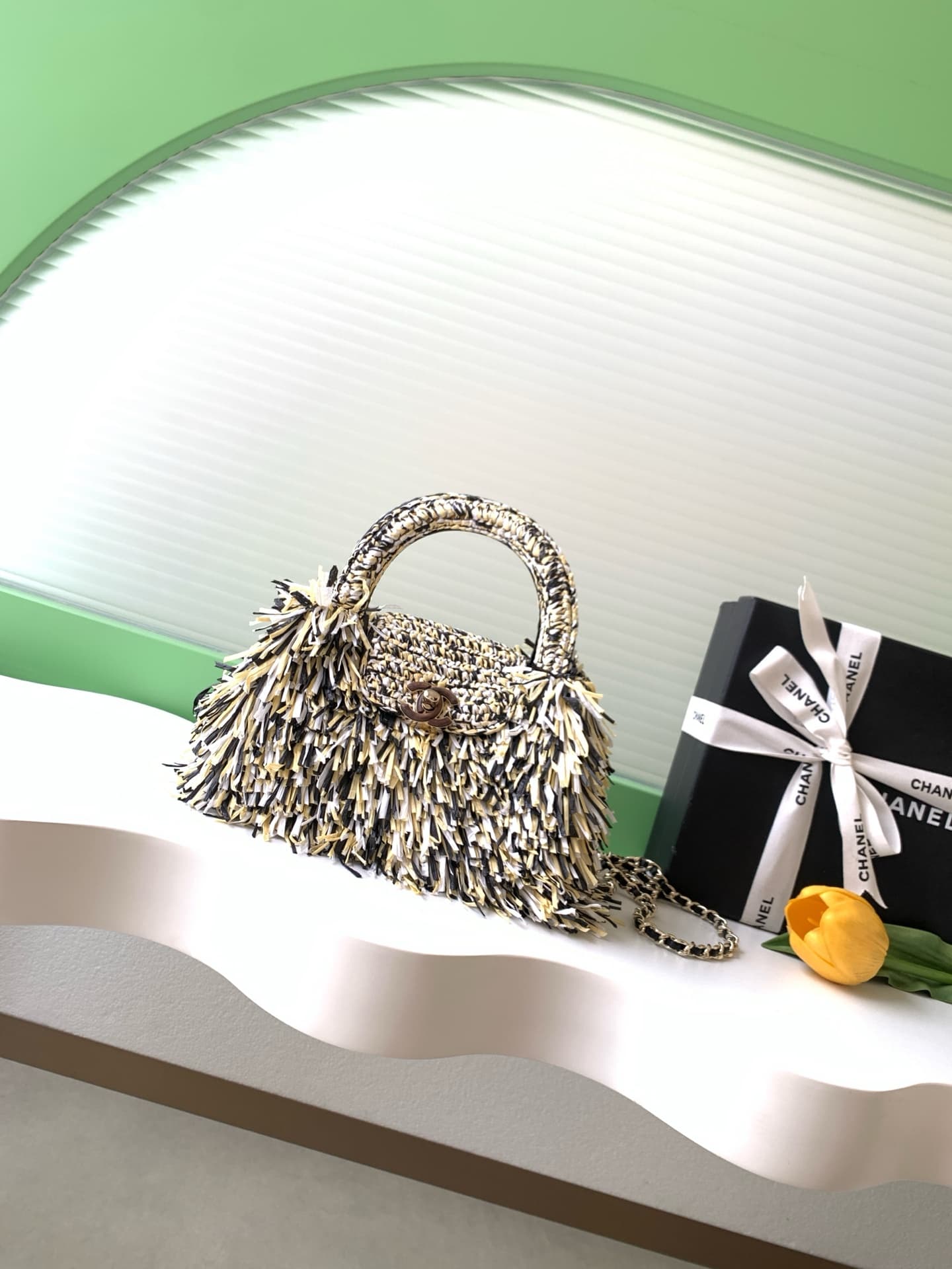Chanel Mini Shopping Bag Raffia-Effect Fabric, Wood & Gold-Tone Metal AS4416 A