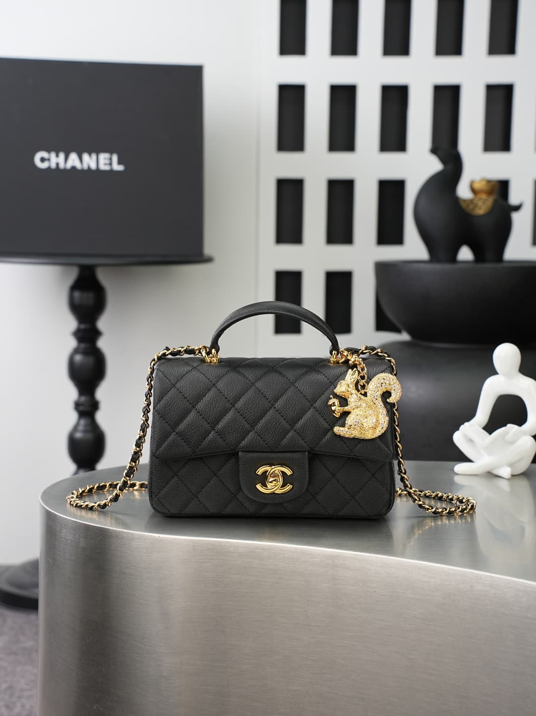 Chanel FLAP BAG WITH TOP HANDLE AS2431 Calfskin & Gold-Tone Metal Black A