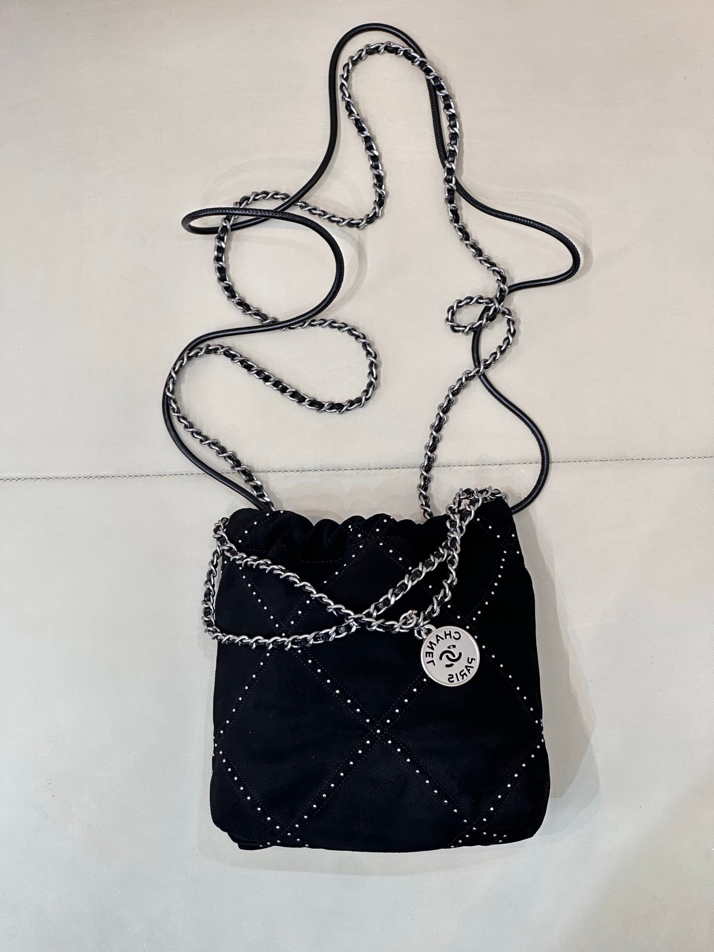 Chanel 22 MINI HANDBAG Suede Black &Silver-Tone Metal AS3980 TOP