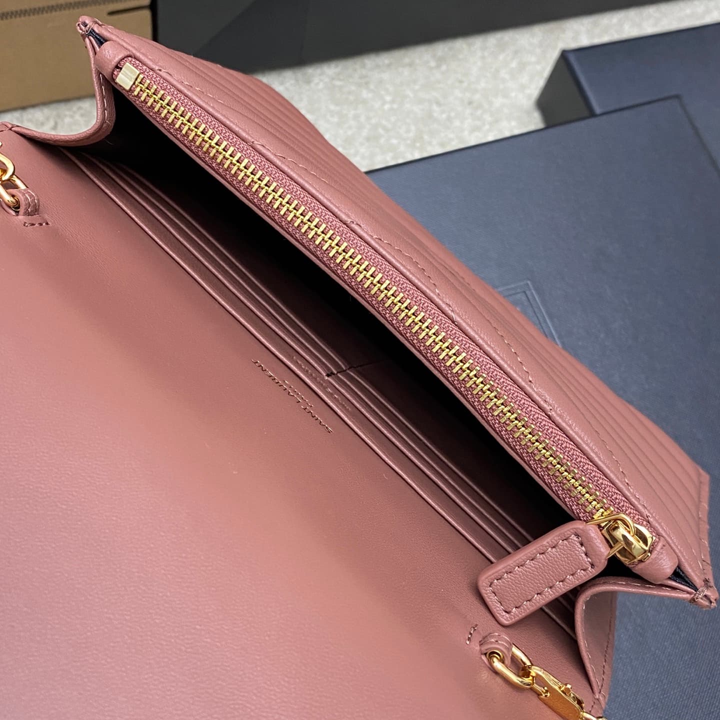 Saint Laurent Monogram Matelassé Cassandre Wallet on Chain Ice Plum Pink Lambskin 393953 High