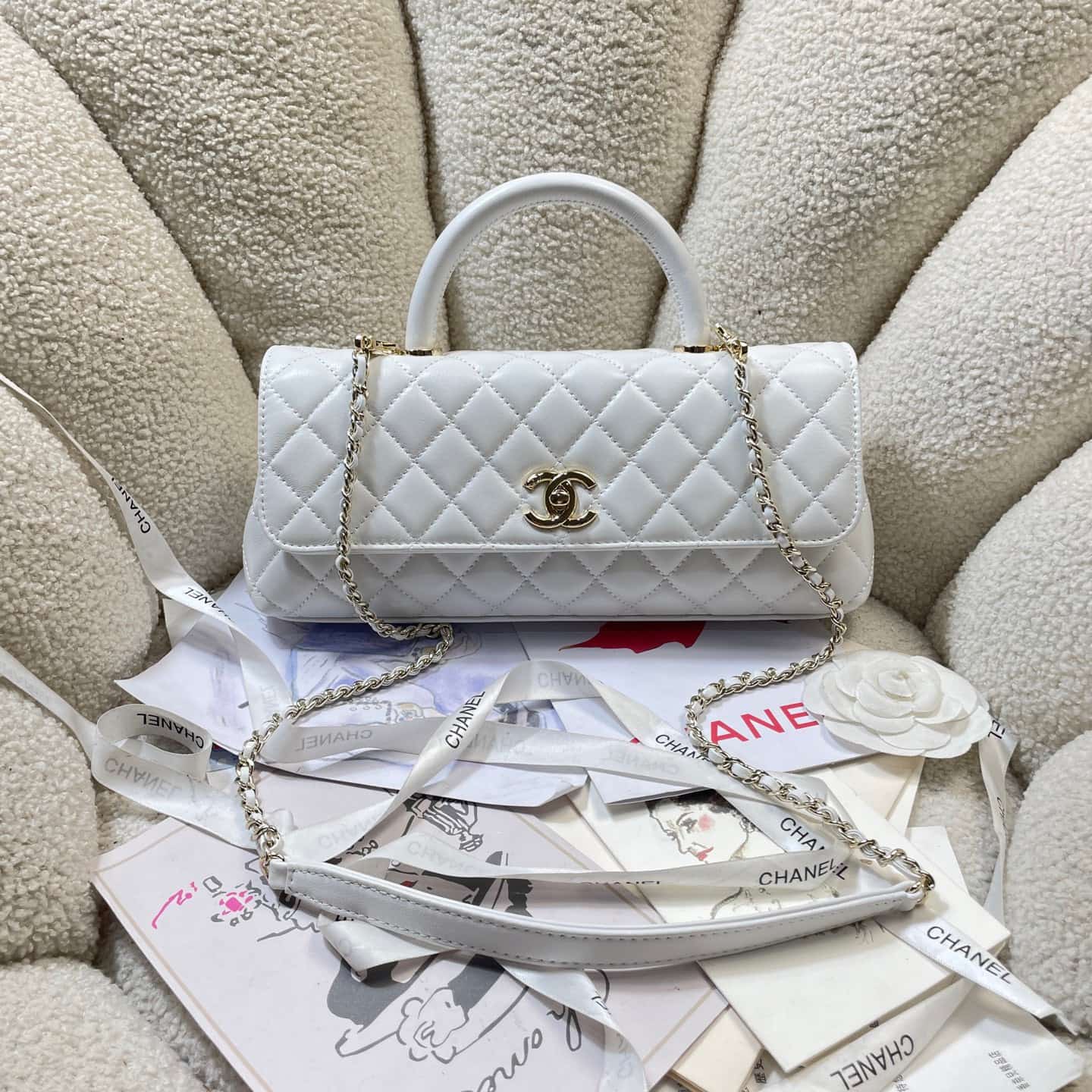Chanel Maxi Flap Bag with Top Handle Calfskin& Gold-Tone Metal AS6091 White A