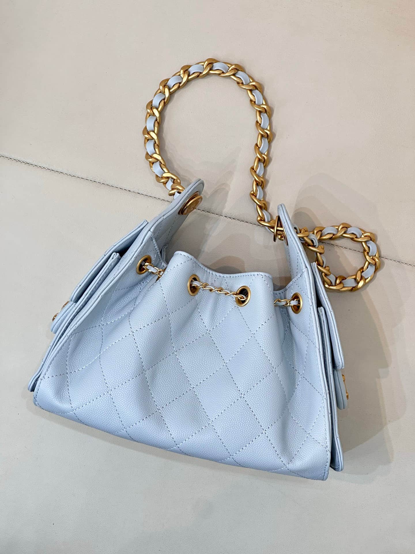 CHANEL 25 Mini Handbag AS5631 Grained Calfskin & Gold-tone Metal Light Blue TOP
