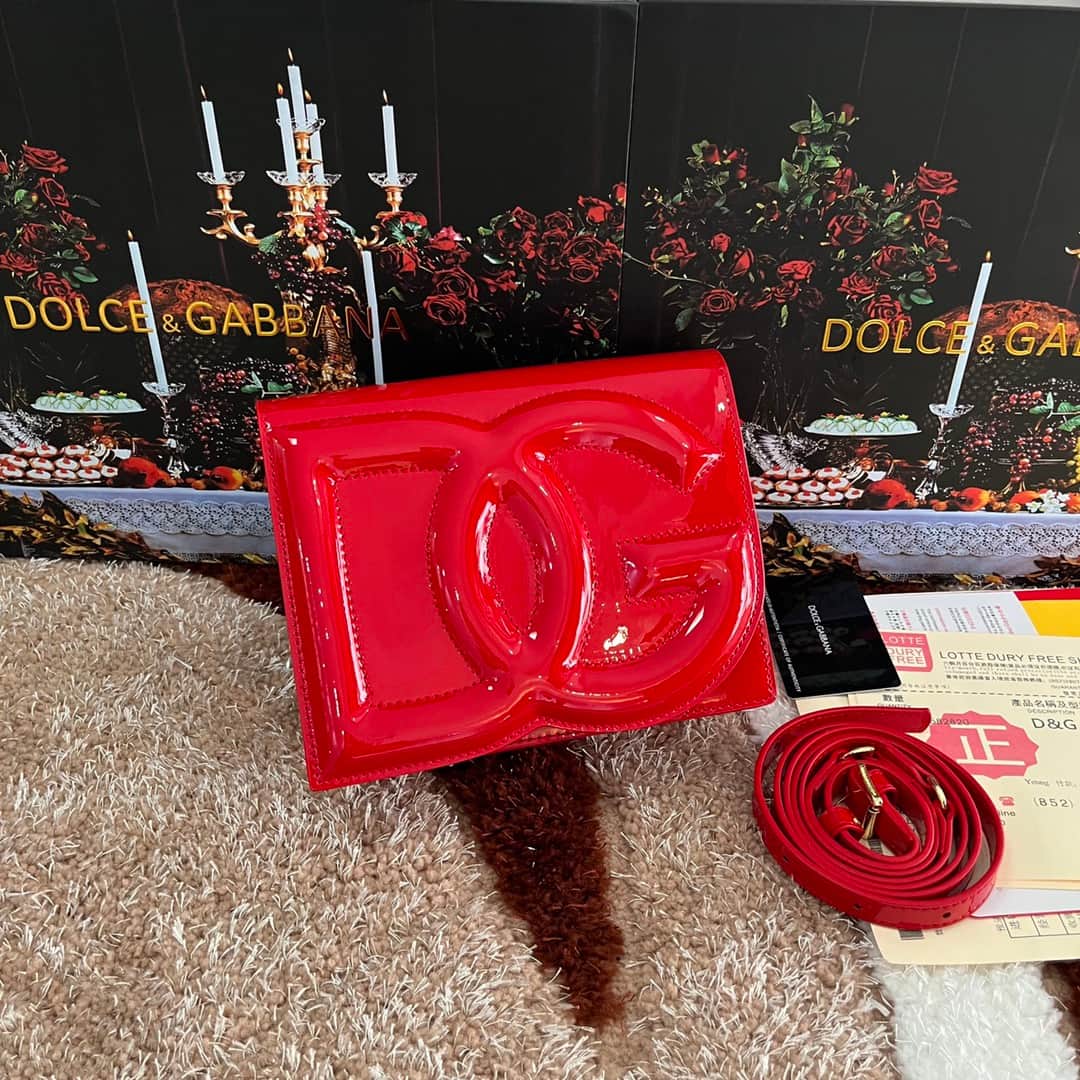 Dolce & Gabbana red patent calf leather DG Logo crossbody bag high