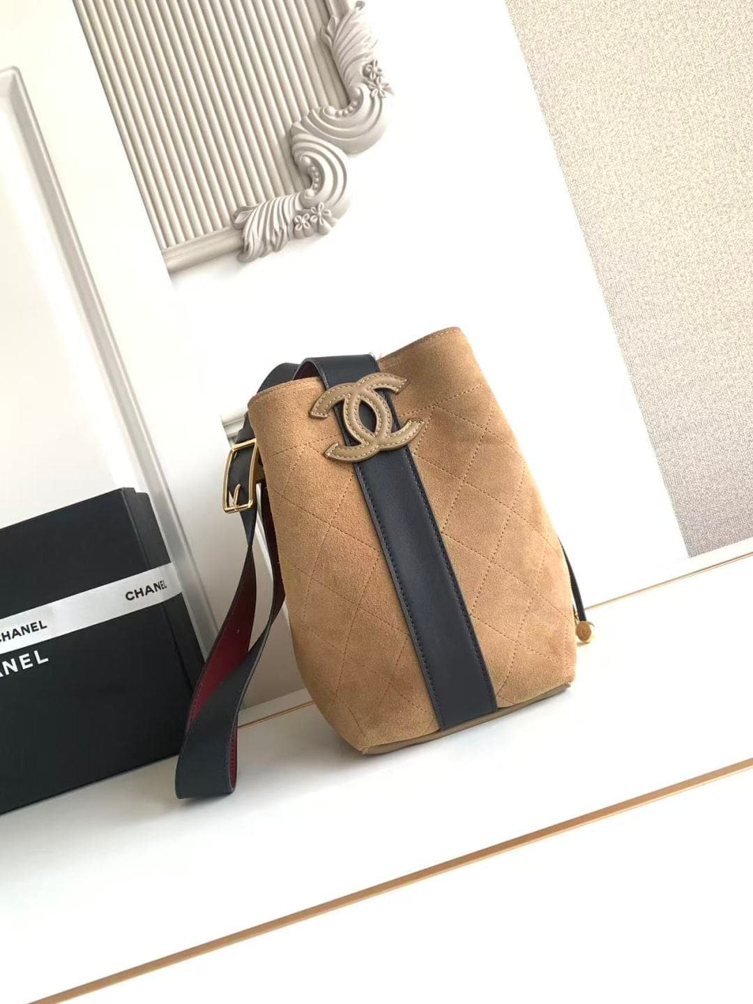 Chanel Small Bucket Bag Suede Calfskin & Gold-Tone Metal Dark Beige AS6584 A