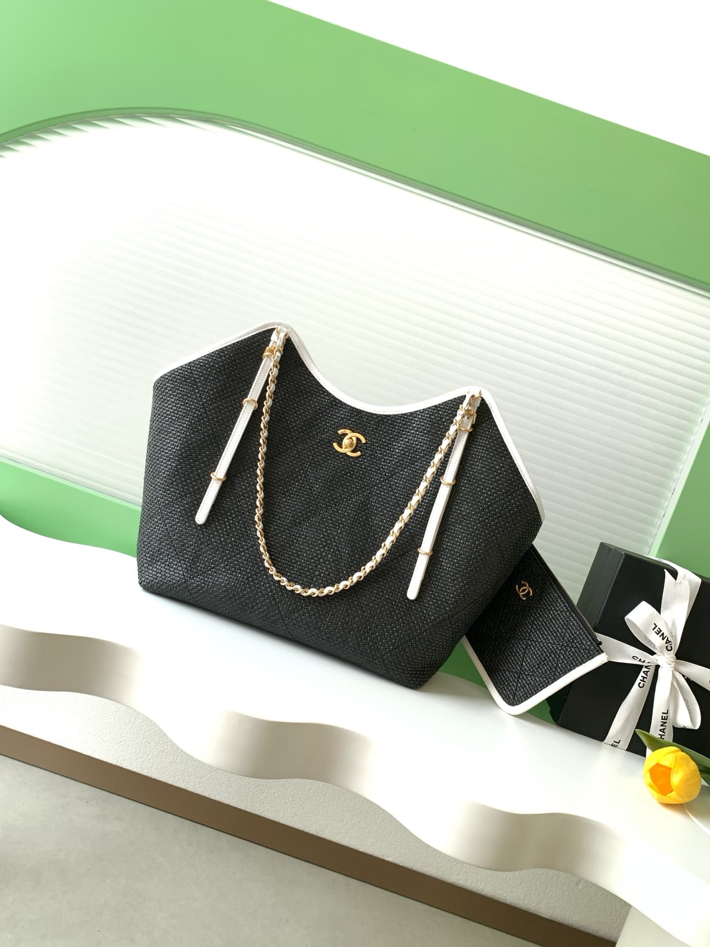 Chanel Shopping Bag Braided Raffia Calfskin & Gold-Tone Metal Black & White AS5466 A